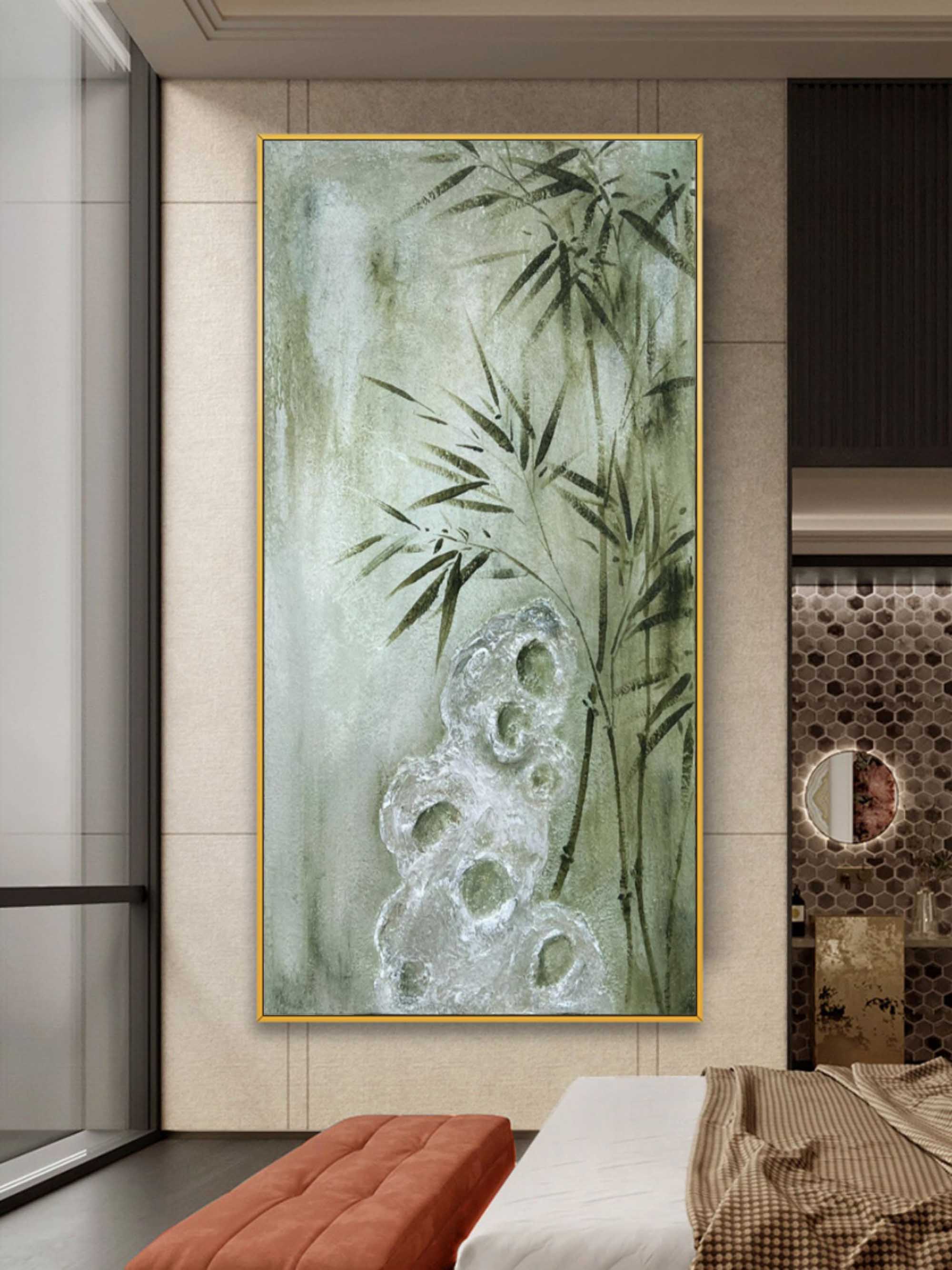 Wall Art Sage Green Bamboo Rock Chinese Ink