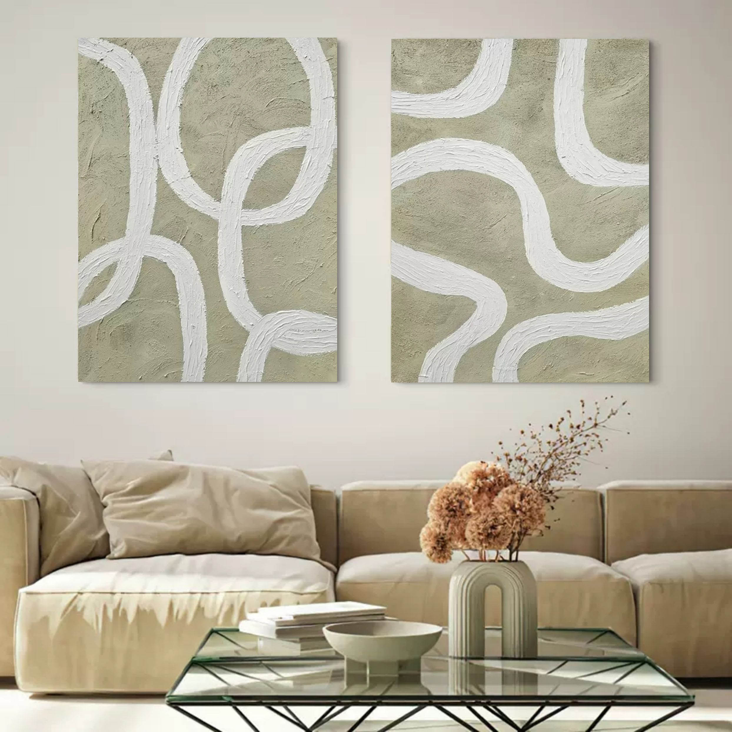 Wall Art Sage Green White Curved Line Diptych