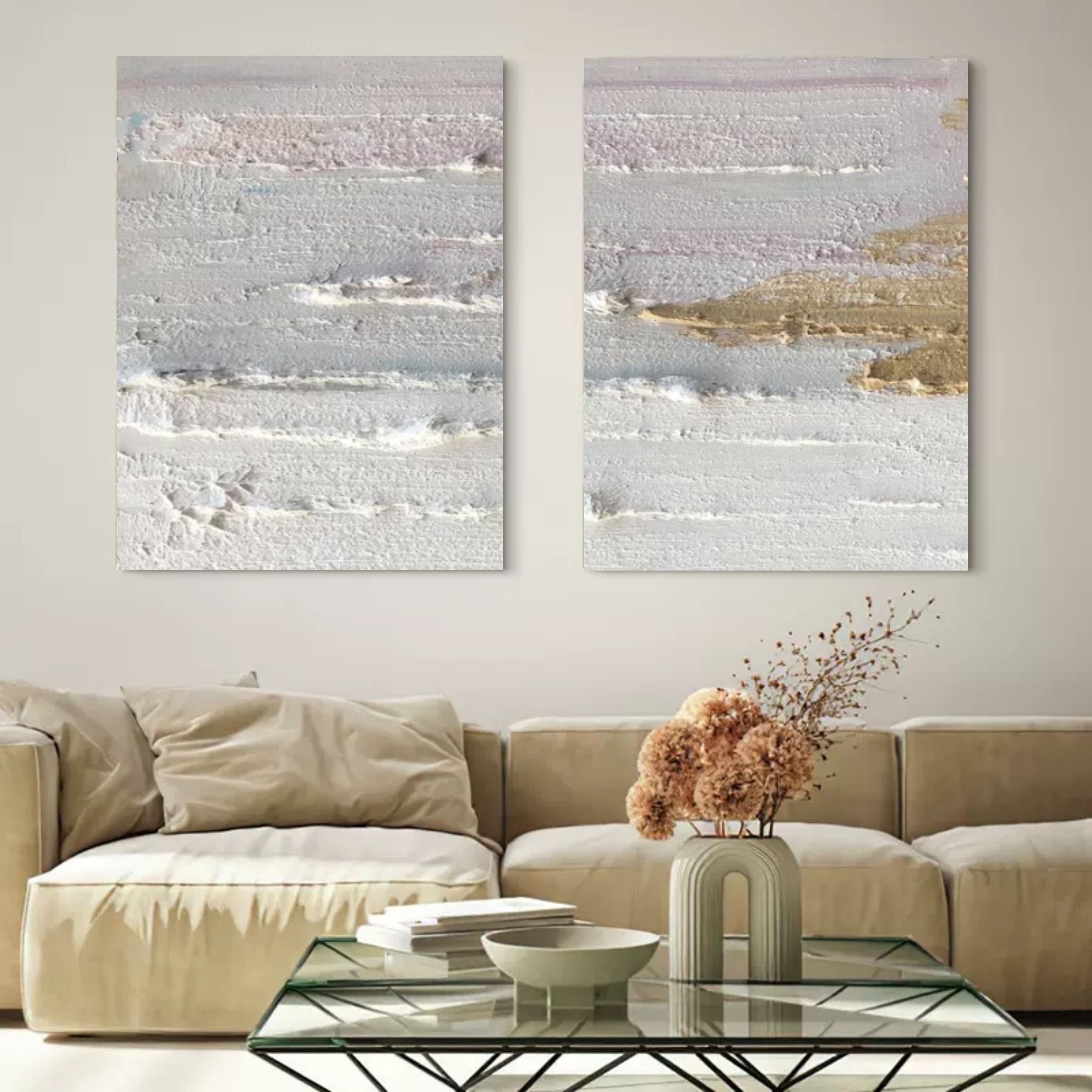 Wall Art Pastel Gray Gold Layered Wave Diptych