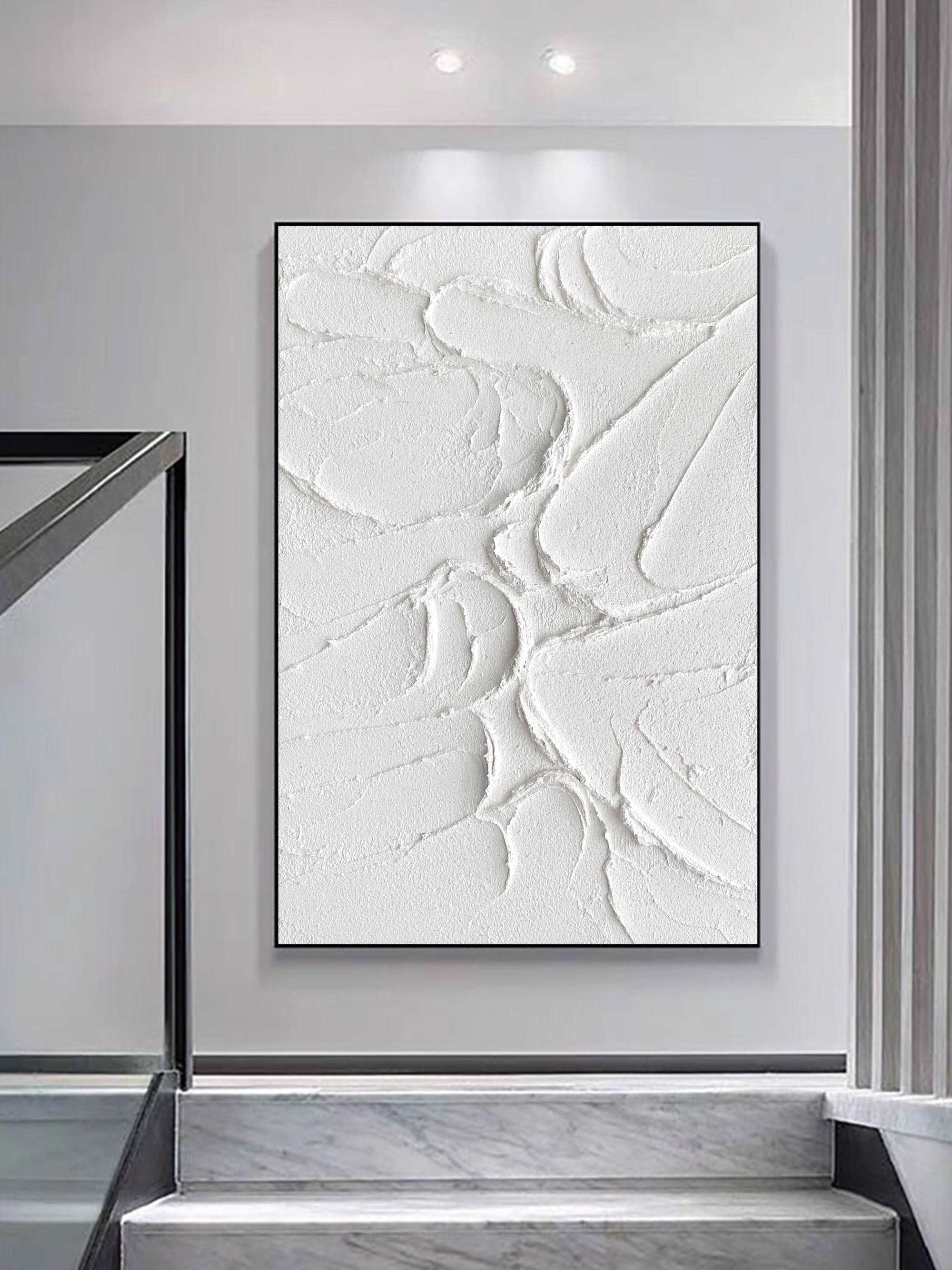 Vertical 3D Textured White Cracked Relief Oil Acrylic Linen Canvas Painting