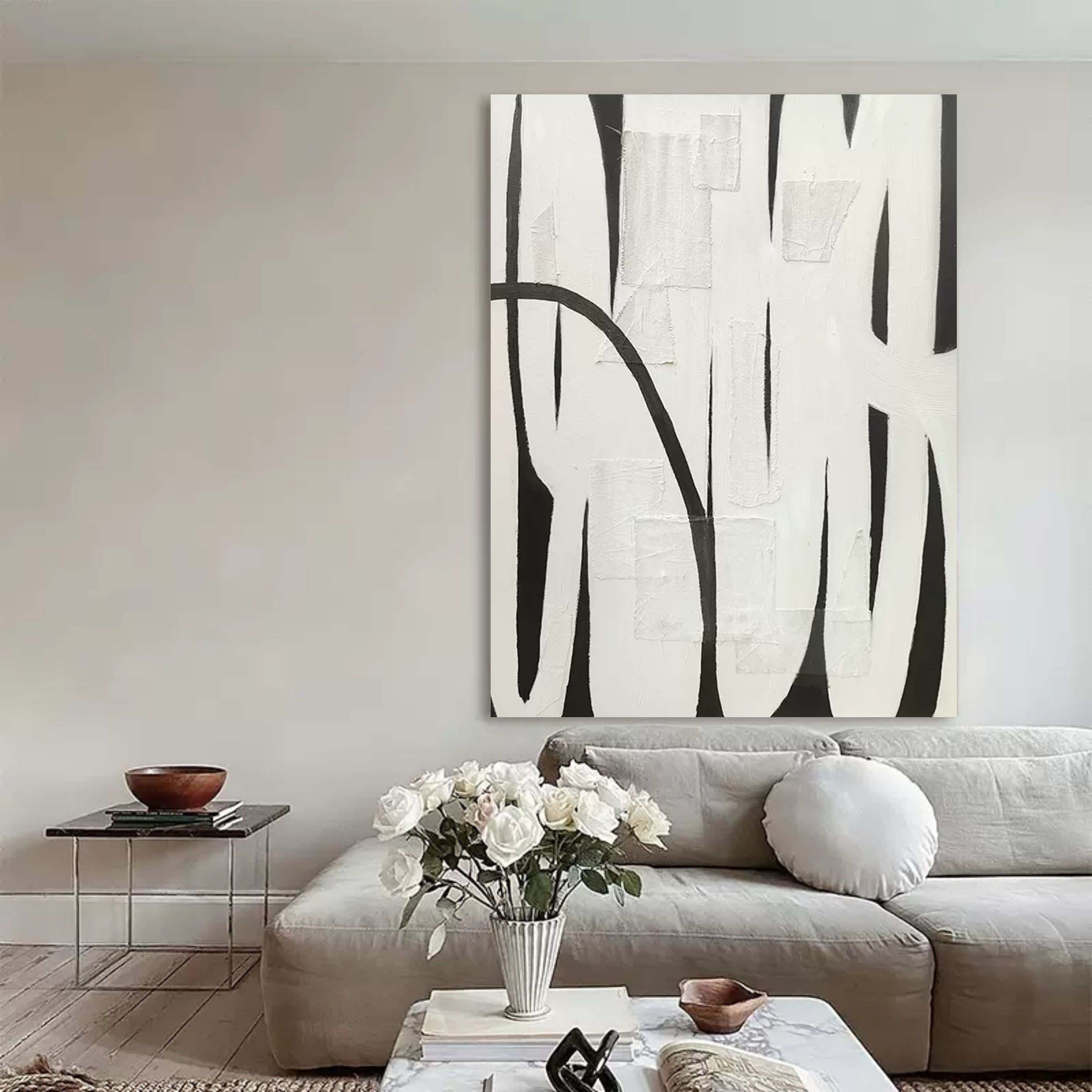 Wall Art Black White Curved Line Patchwork Abstract