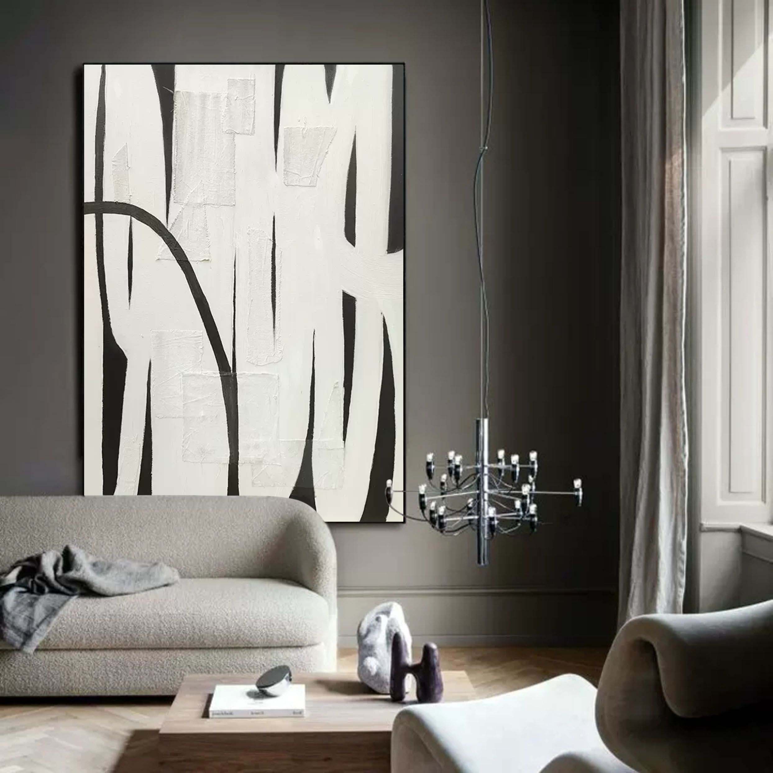 Wall Art Black White Curved Line Patchwork Abstract