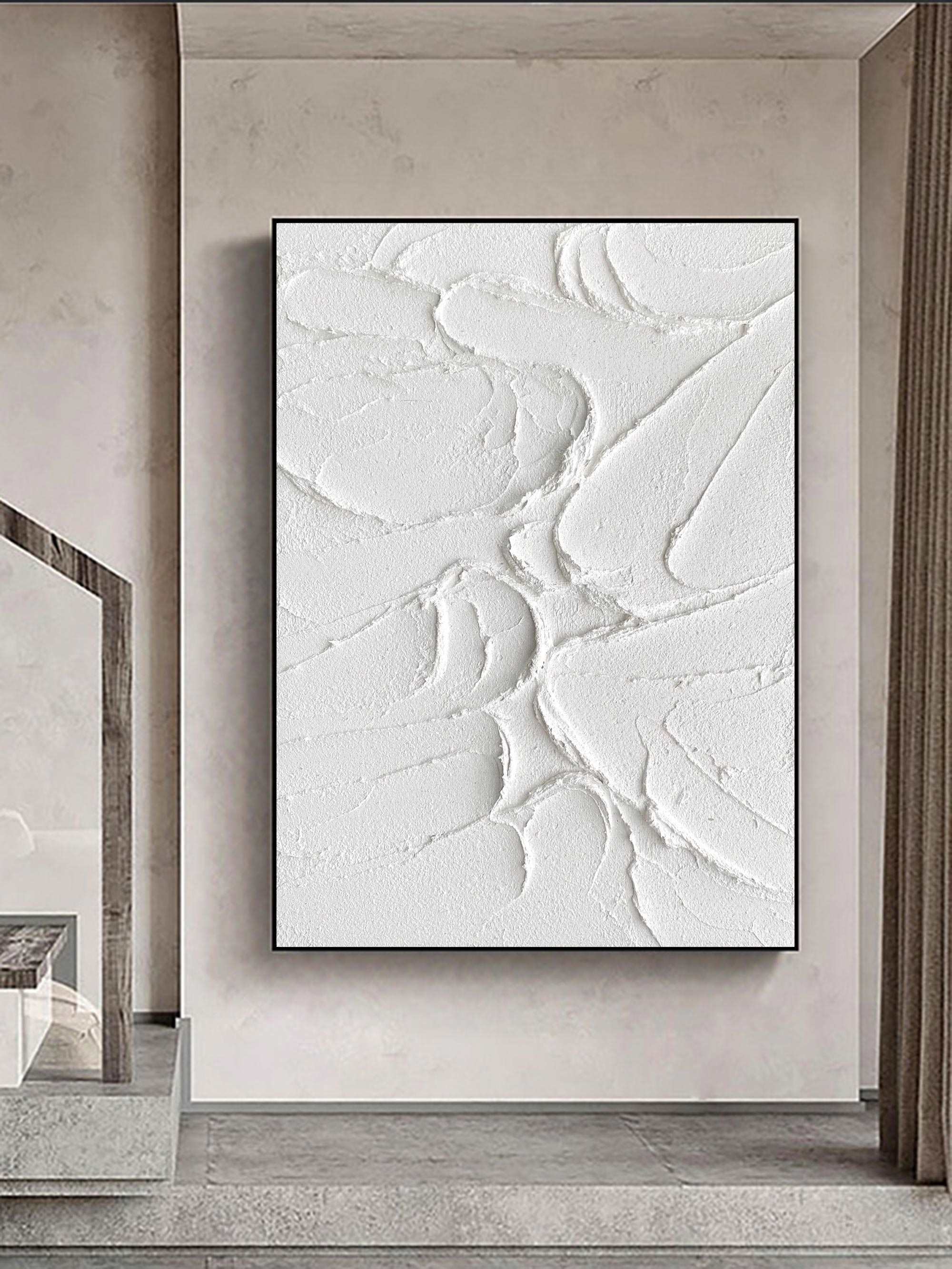 Vertical 3D Textured White Cracked Relief Oil Acrylic Linen Canvas Painting