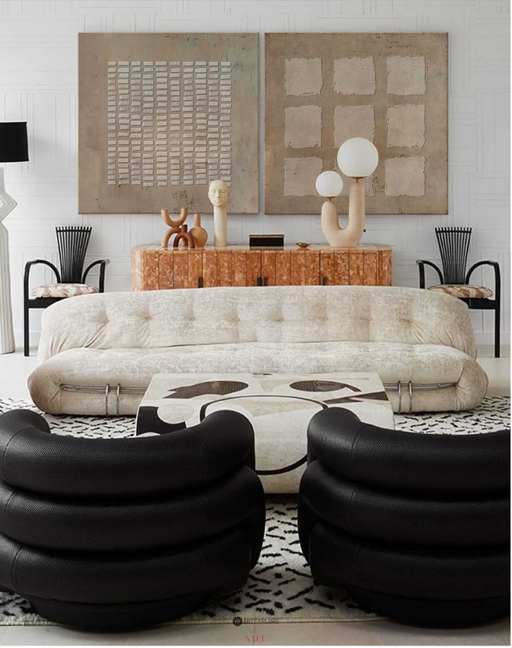 Earthy Beige‑Brown Grid‑Geometric Diptych Abstract  Embossed Textured Artwork