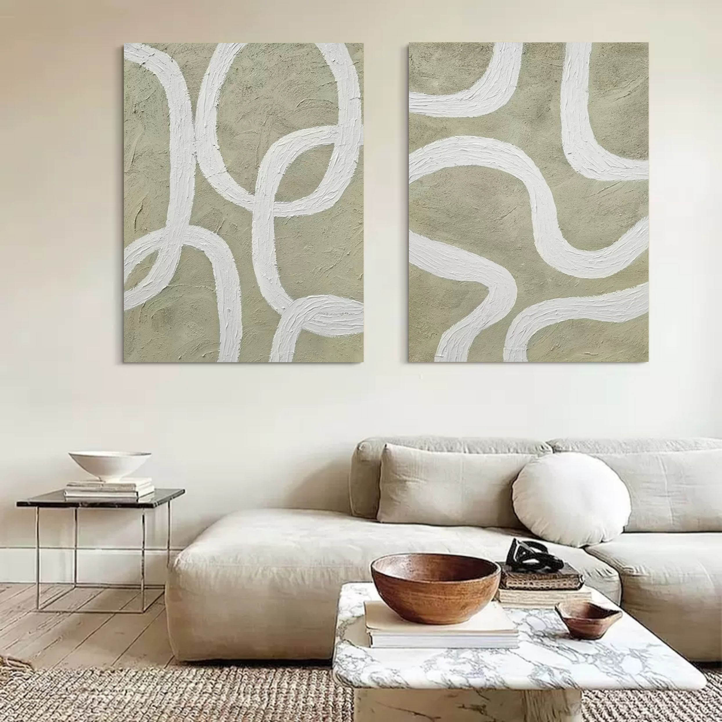 Wall Art Sage Green White Curved Line Diptych