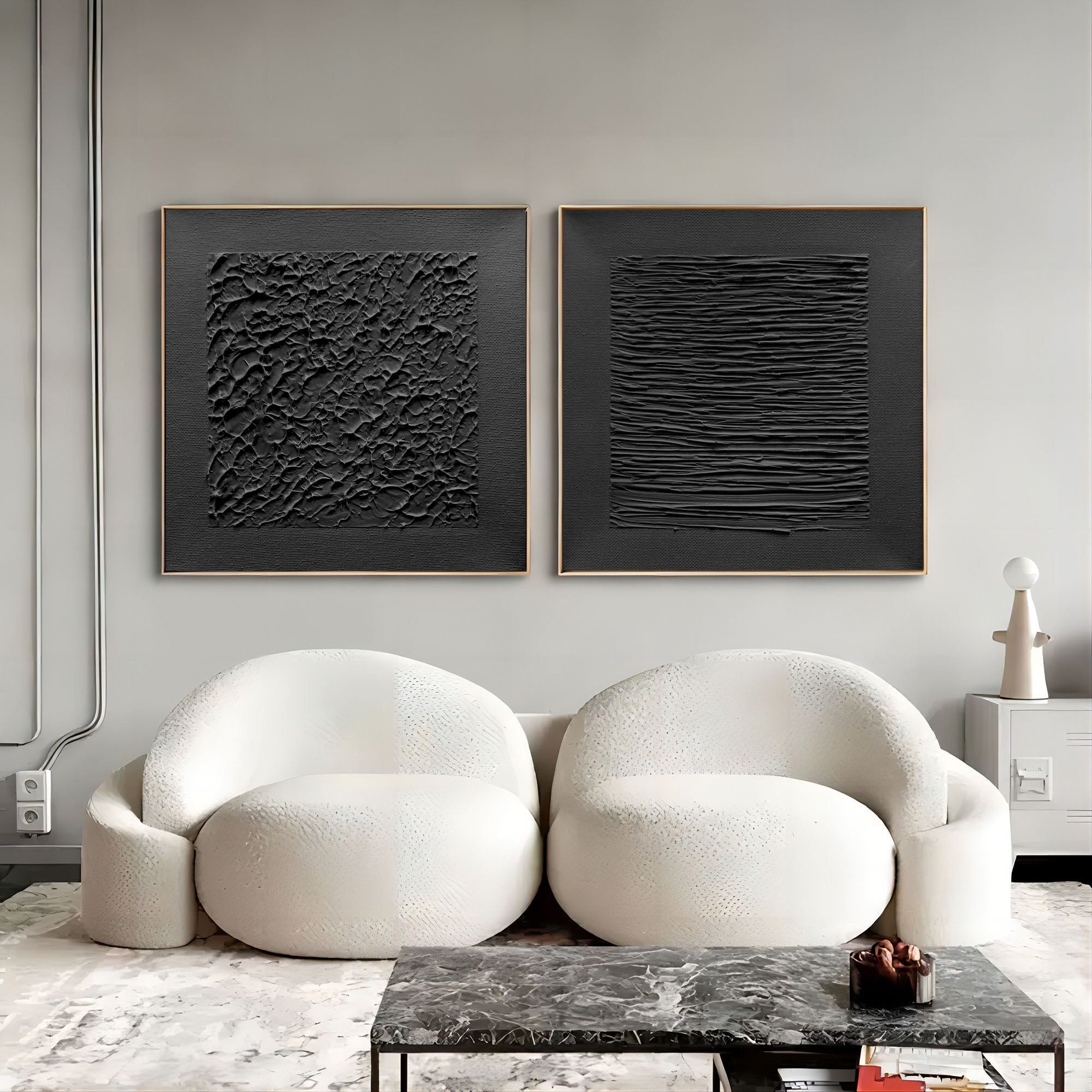 Monochrome Textured Diptych Bas-Relief Painting