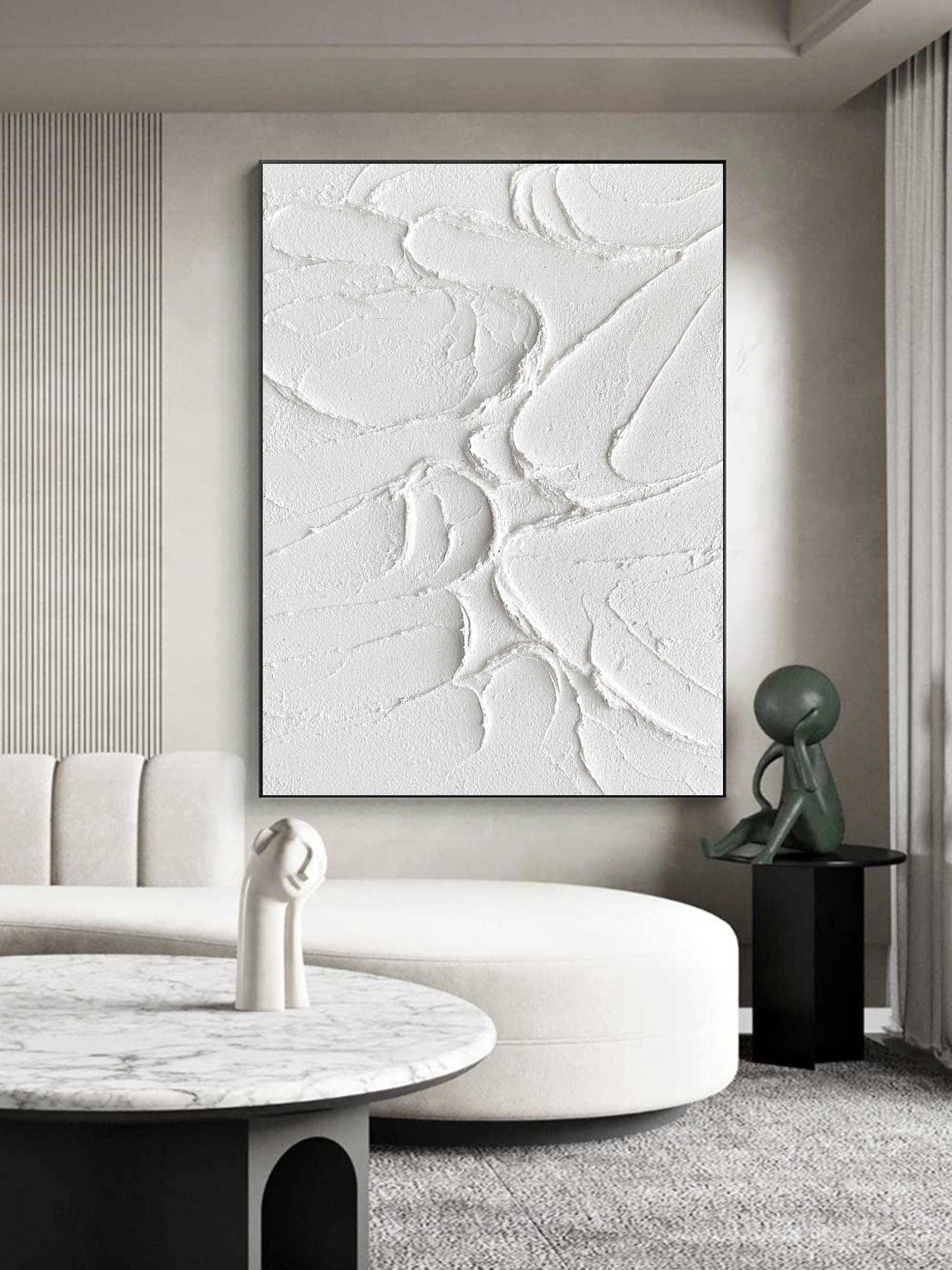 Vertical 3D Textured White Cracked Relief Oil Acrylic Linen Canvas Painting
