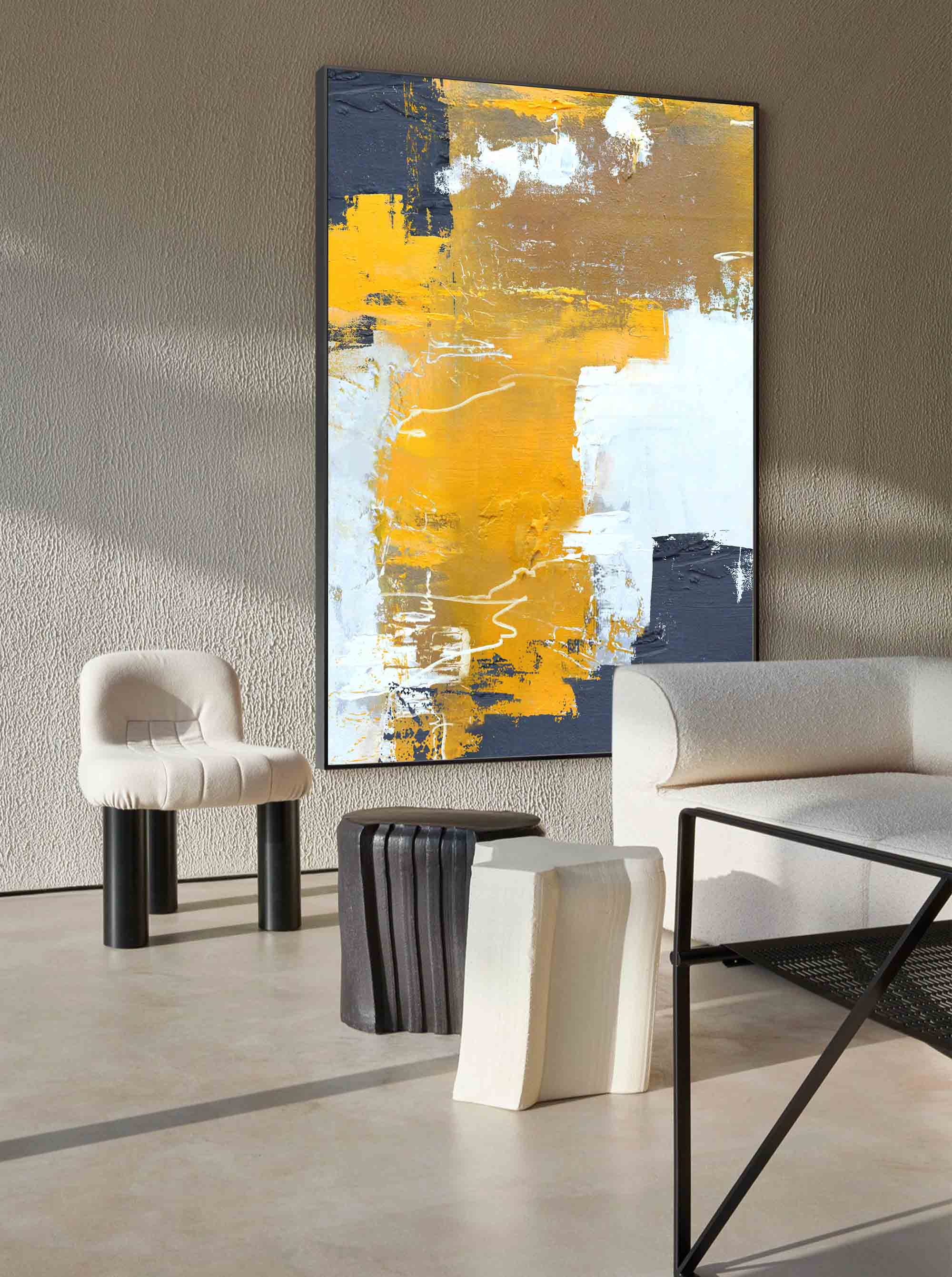 Ochre White Charcoal Textured Canvas
