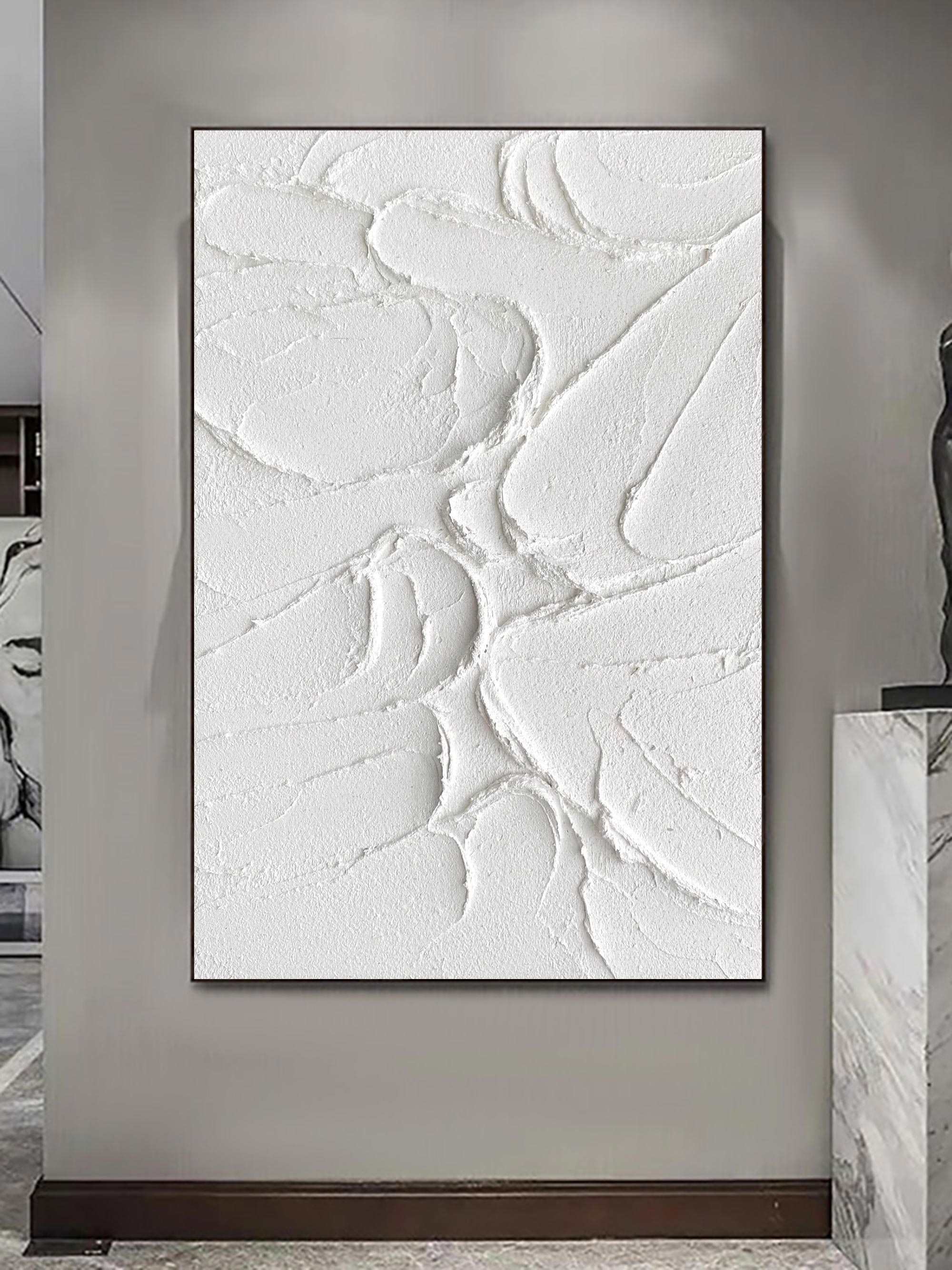 Vertical 3D Textured White Cracked Relief Oil Acrylic Linen Canvas Painting