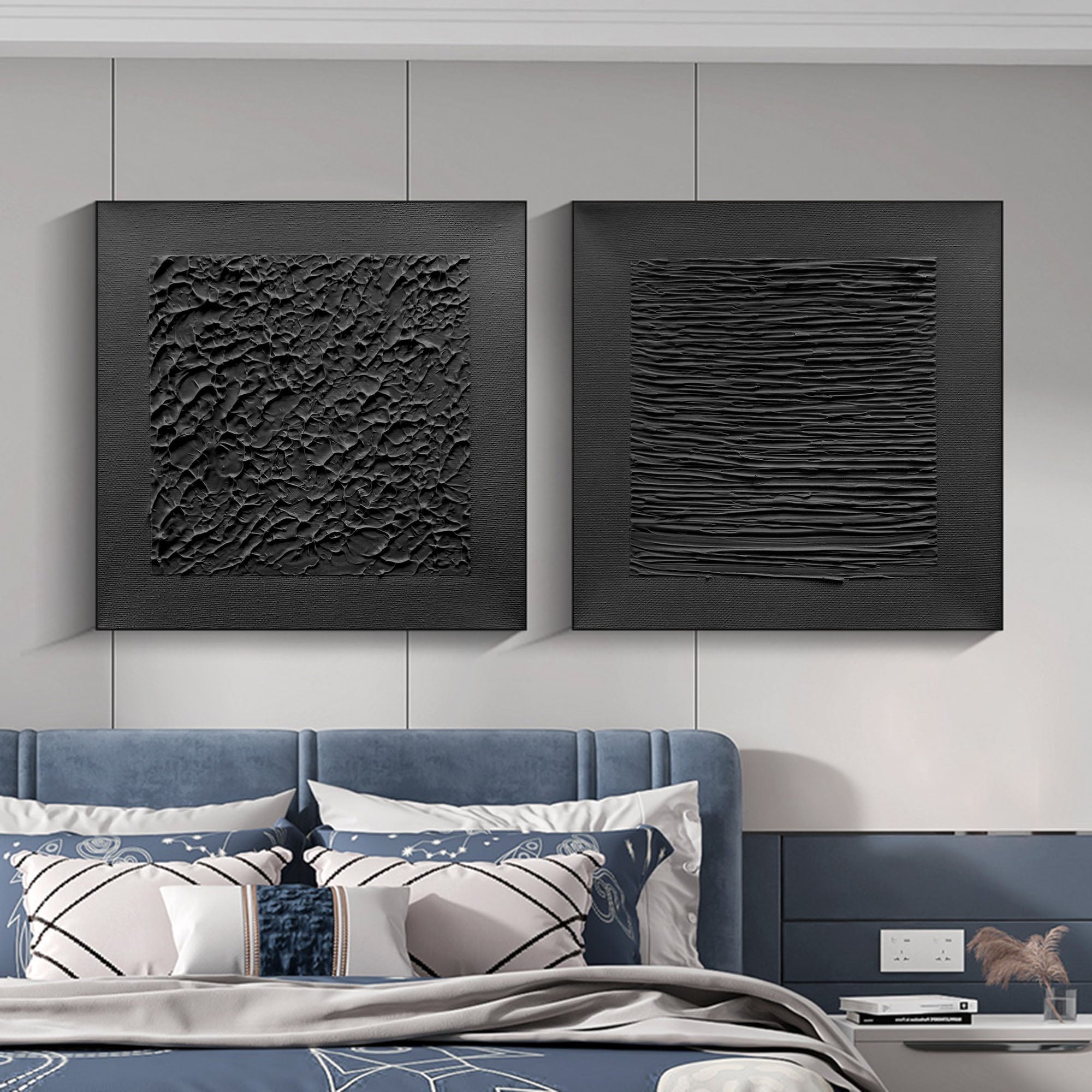 Monochrome Textured Diptych Bas-Relief Painting