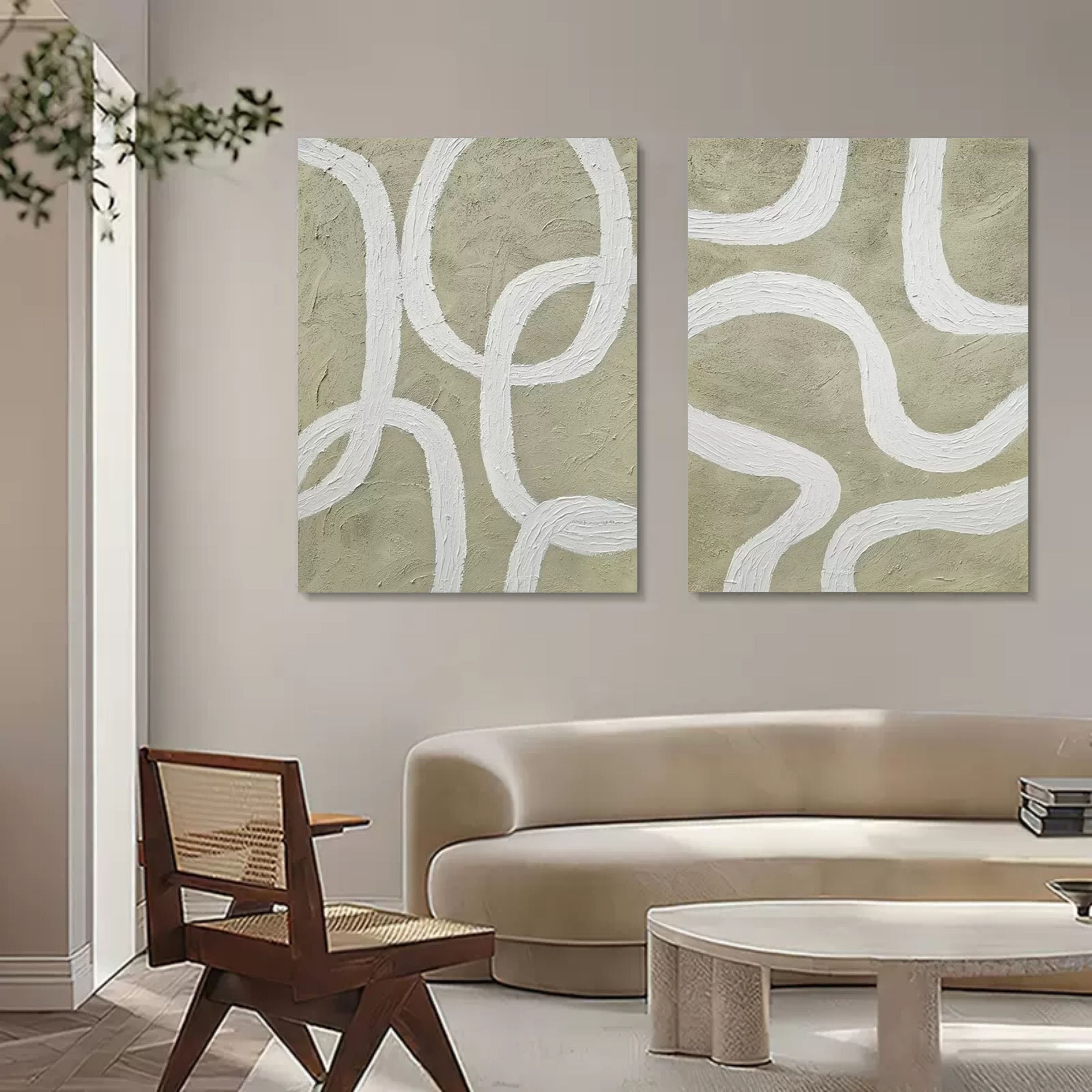 Wall Art Sage Green White Curved Line Diptych