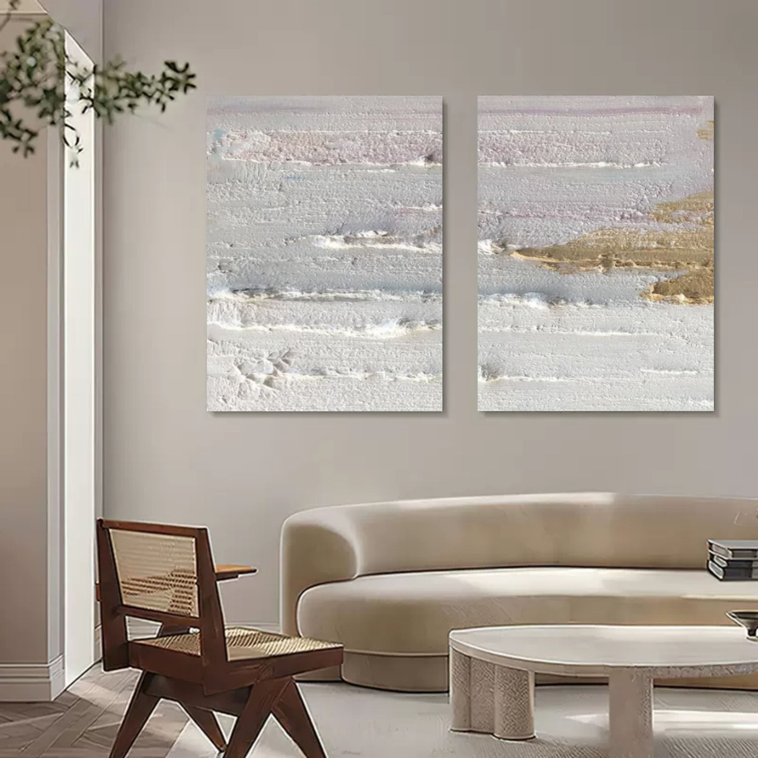 Wall Art Pastel Gray Gold Layered Wave Diptych
