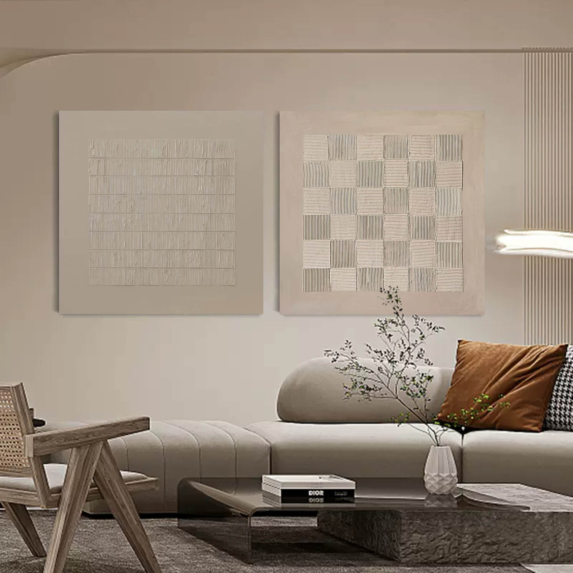 Wall Art Diptych Abstract Woven Grid Warm