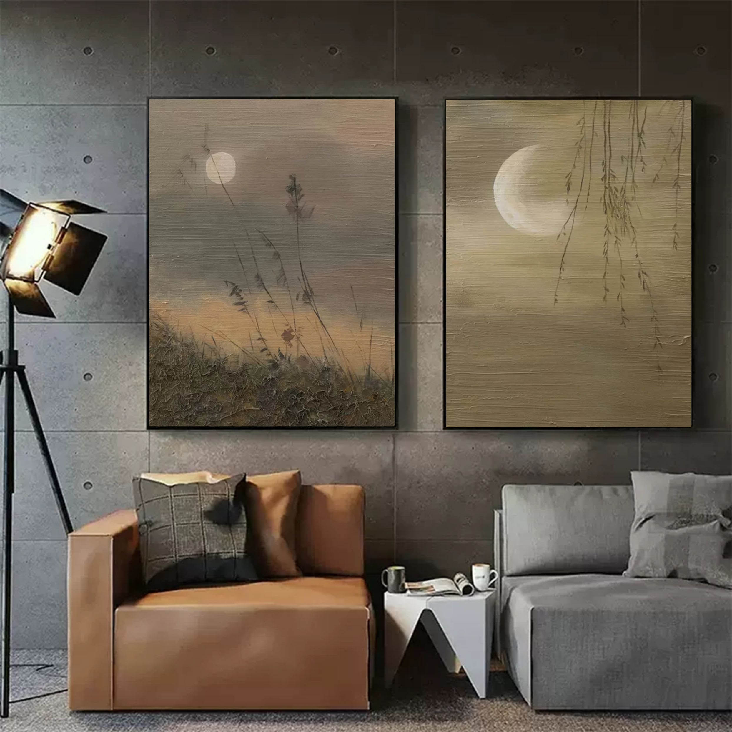 Wall Art Earthy Tone Moon Willow Grass Diptych