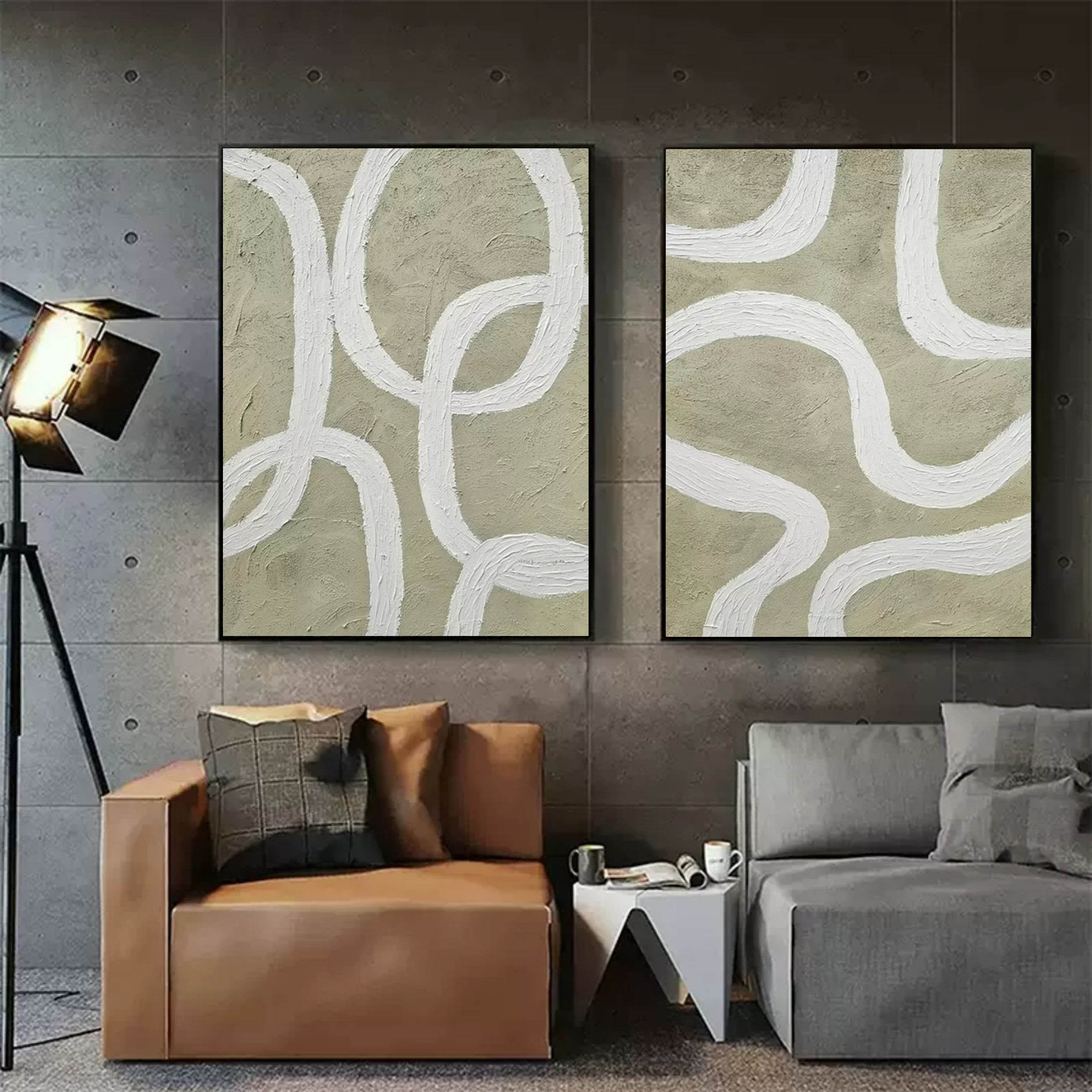 Wall Art Sage Green White Curved Line Diptych