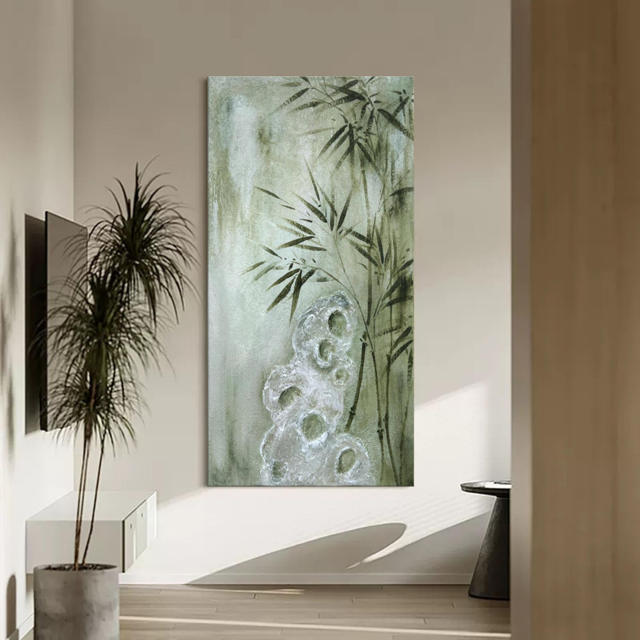 Wall Art Sage Green Bamboo Rock Chinese Ink