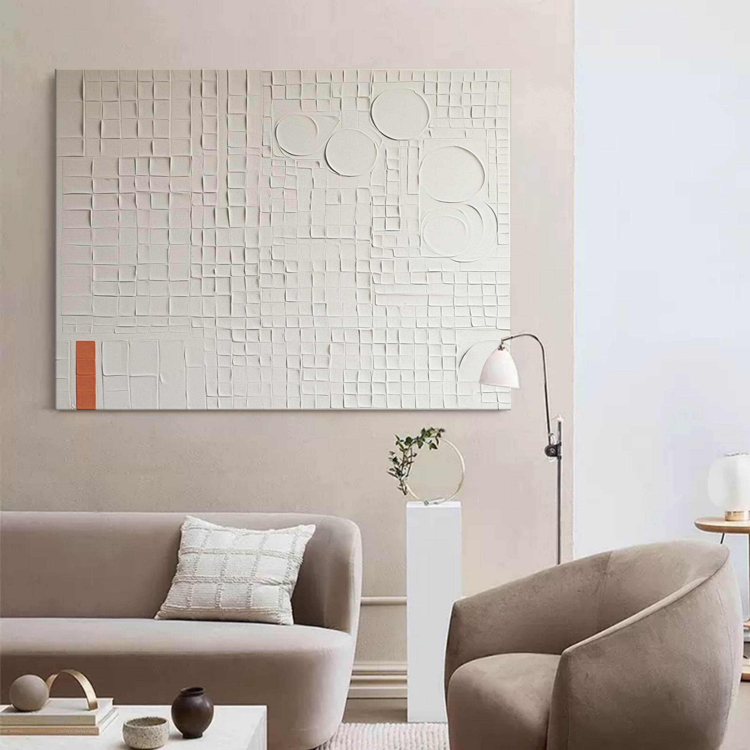 Wall Art White Grid Circle Plaster Relief Canvas
