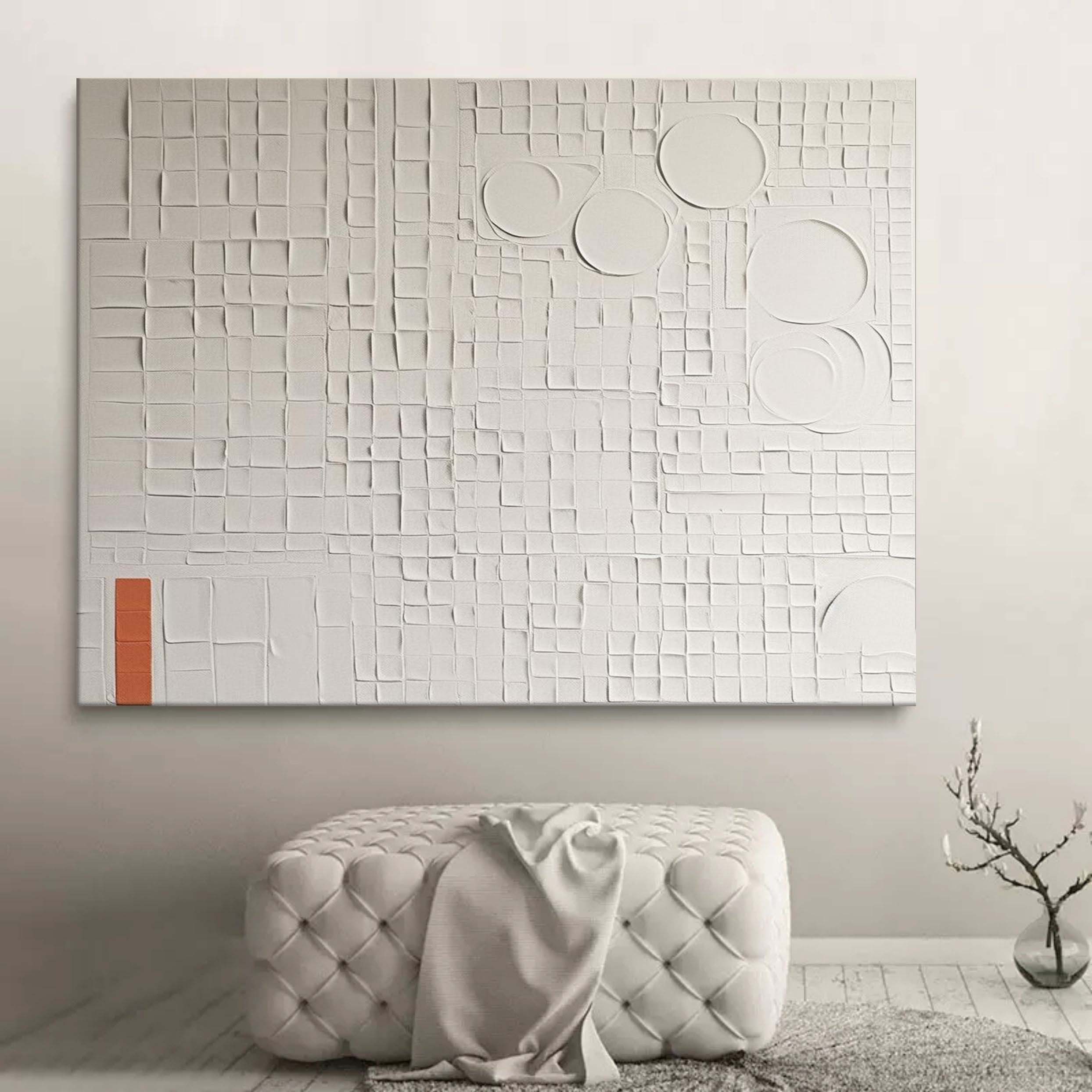 Wall Art White Grid Circle Plaster Relief Canvas