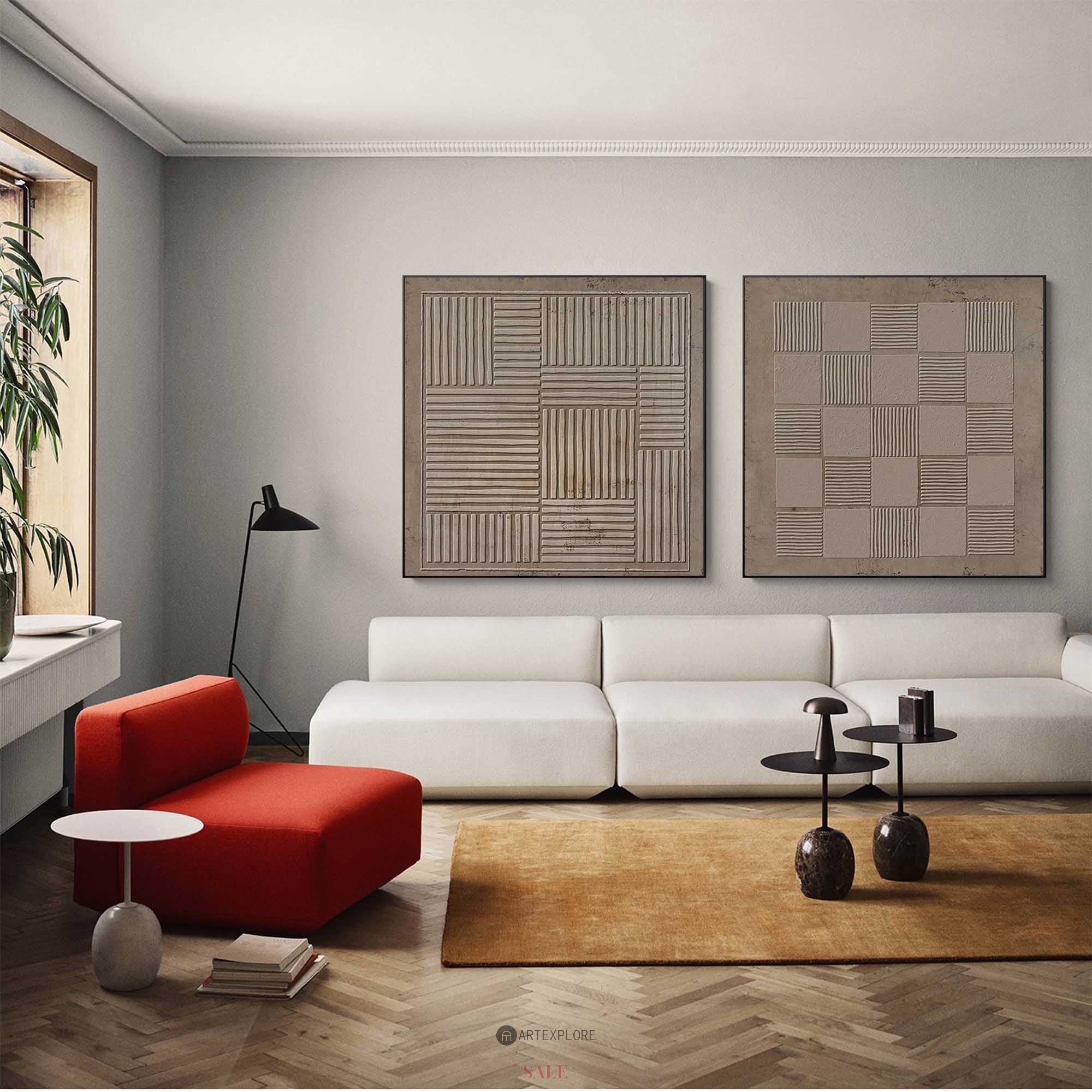 Neutral Beige‑Taupe Geometric Diptych Abstract  Raised Linear Textured Artwork
