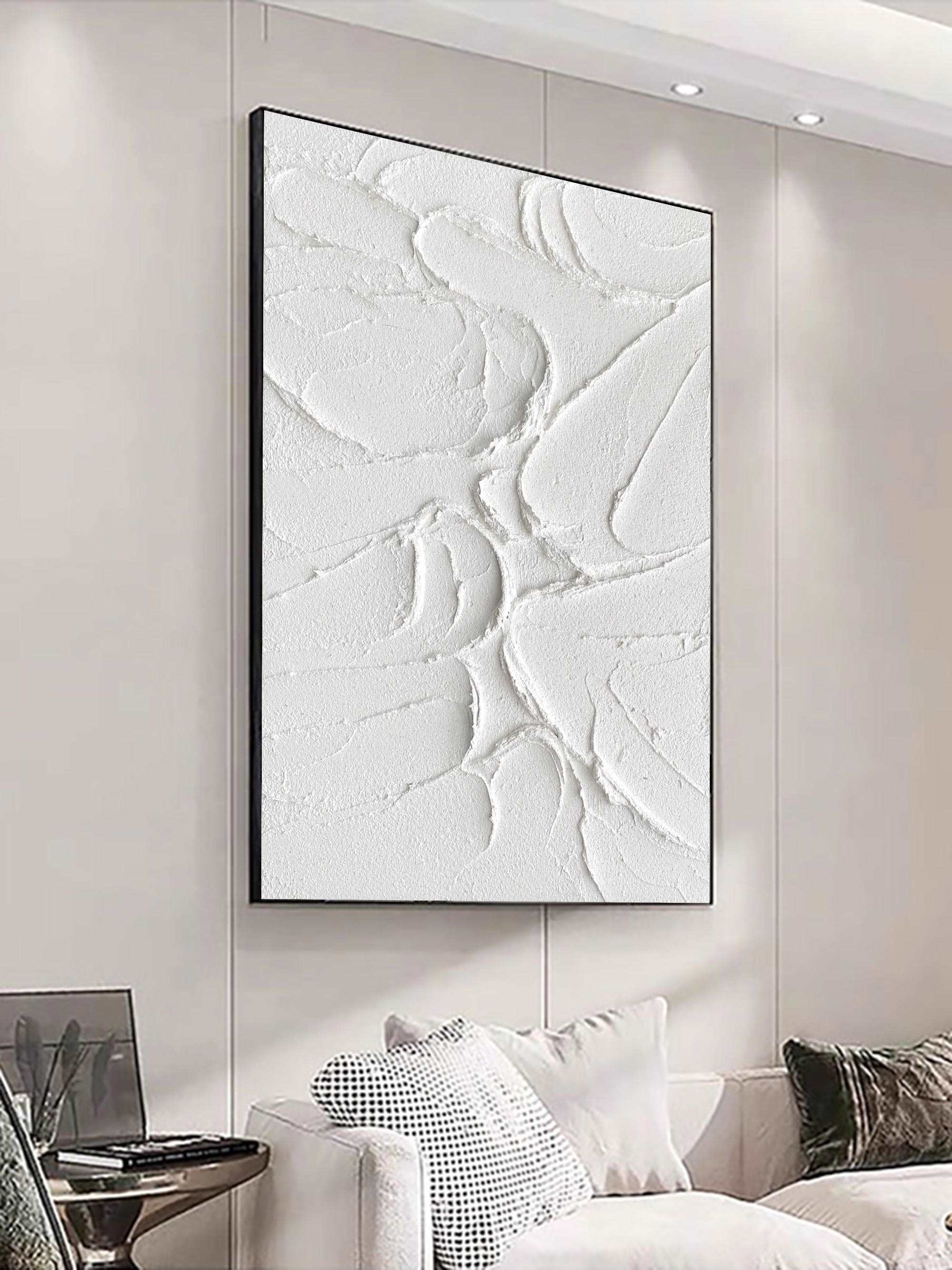 Vertical 3D Textured White Cracked Relief Oil Acrylic Linen Canvas Painting