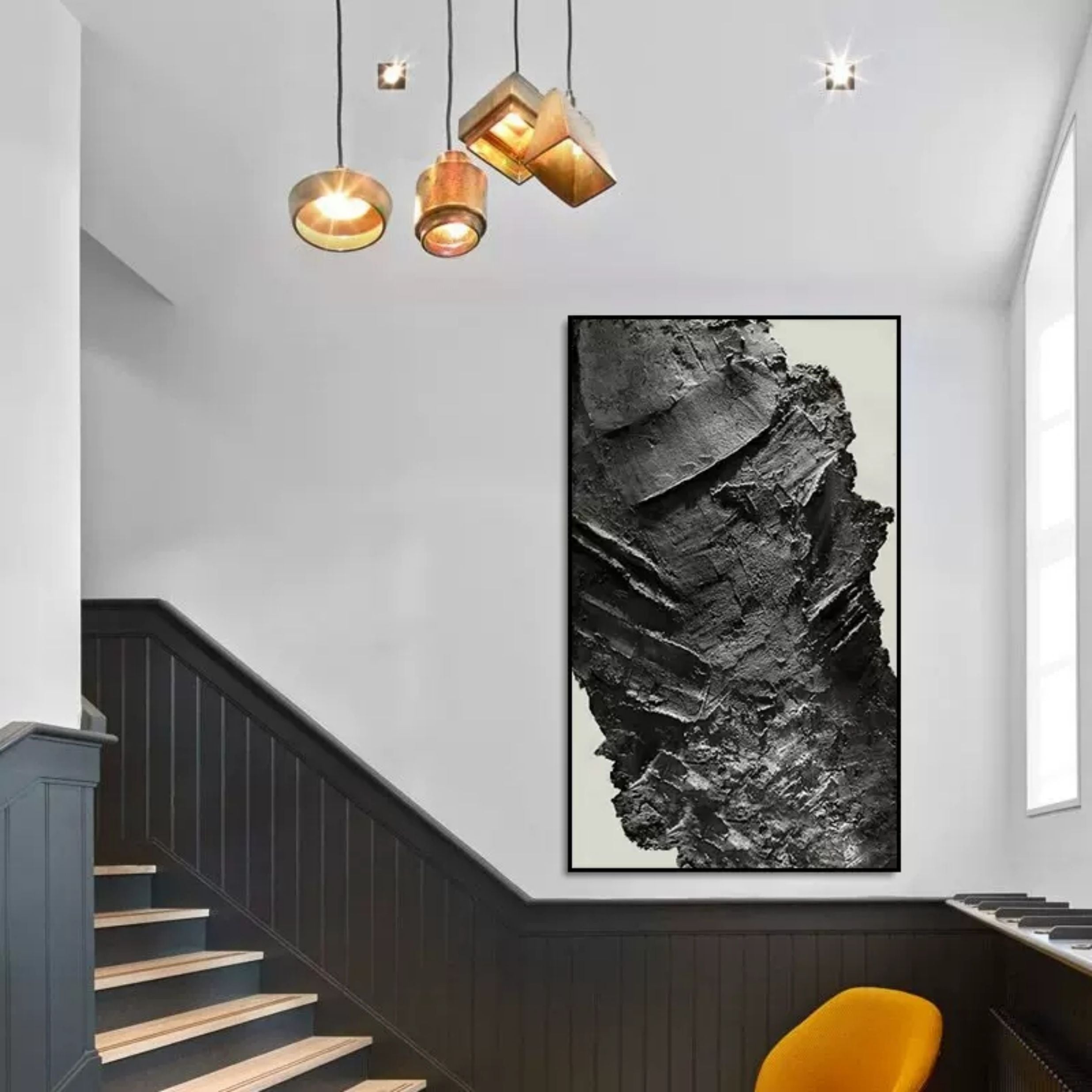 Plaster Art Textured Black Abstract Vertical Painting