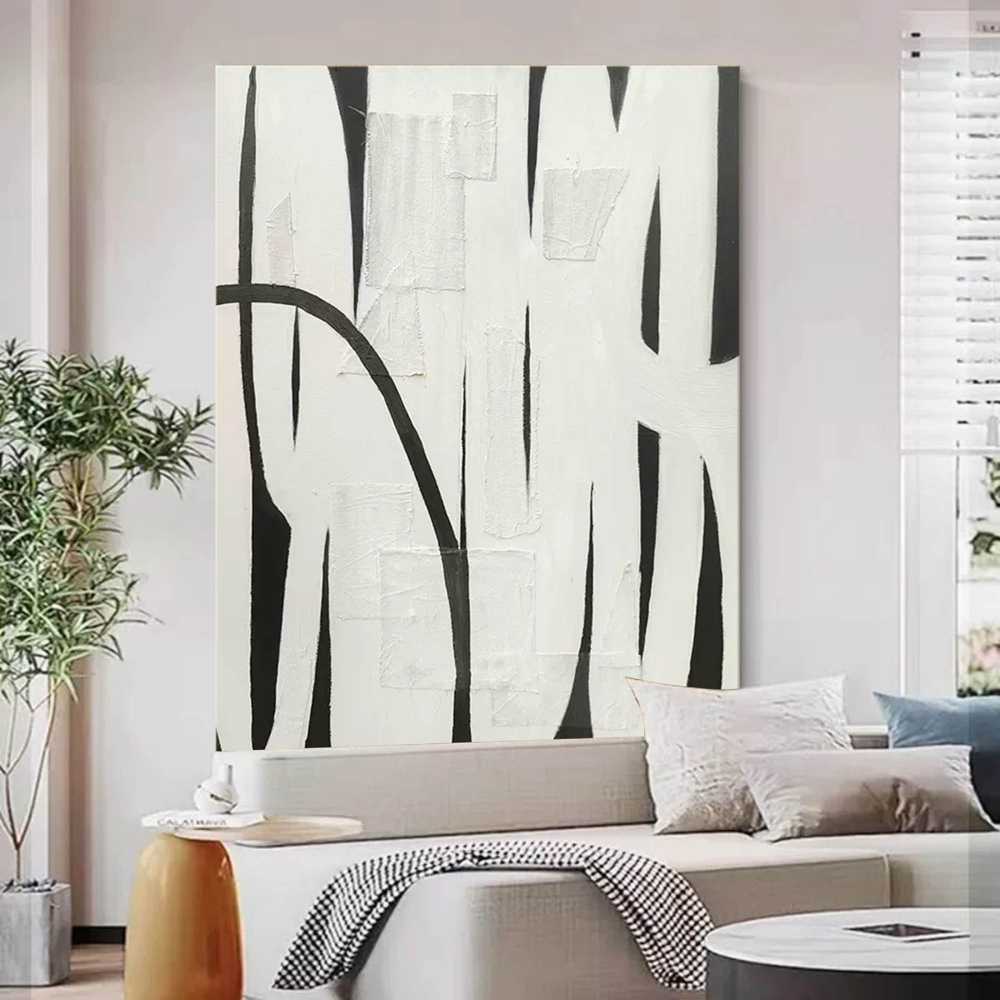 Wall Art Black White Curved Line Patchwork Abstract