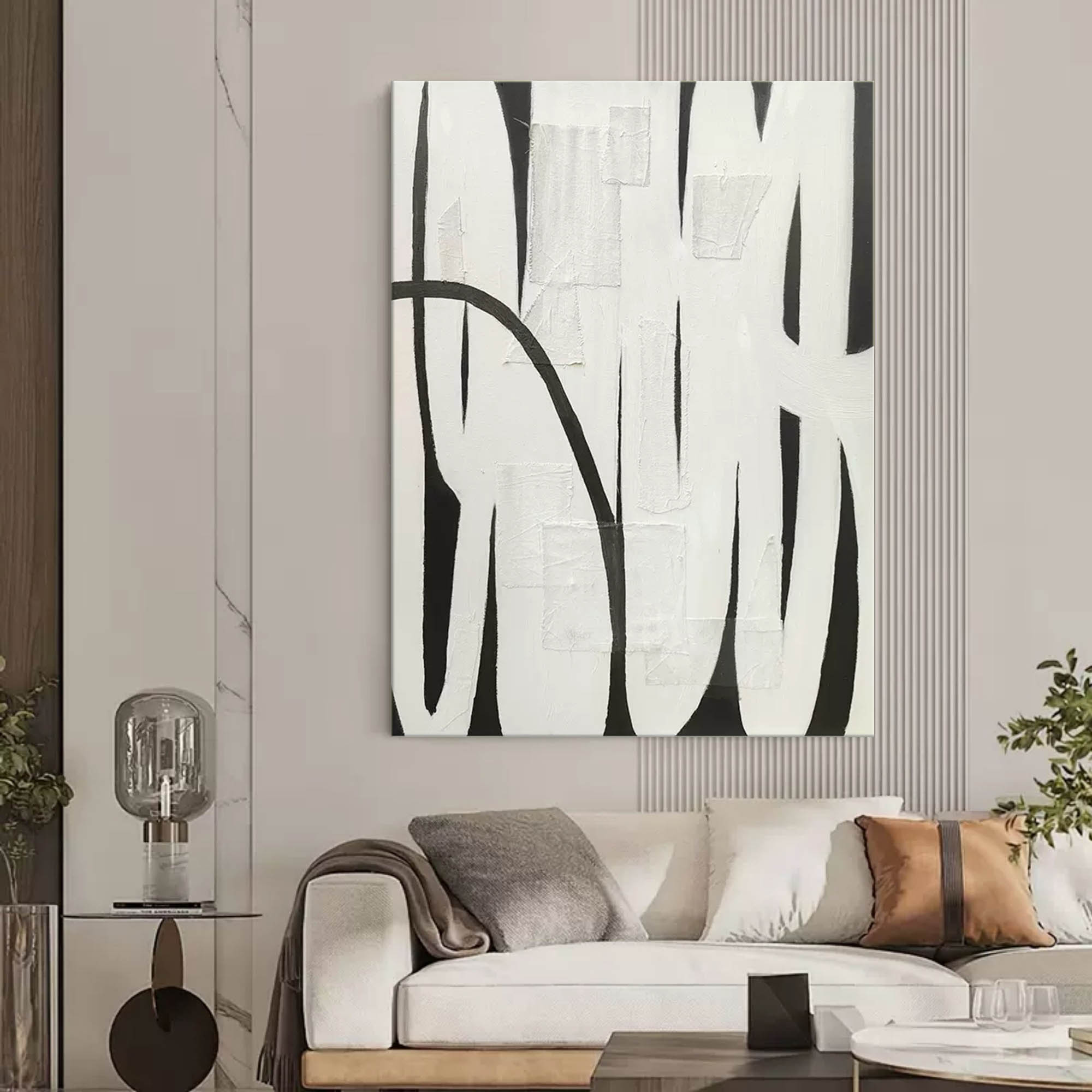 Wall Art Black White Curved Line Patchwork Abstract