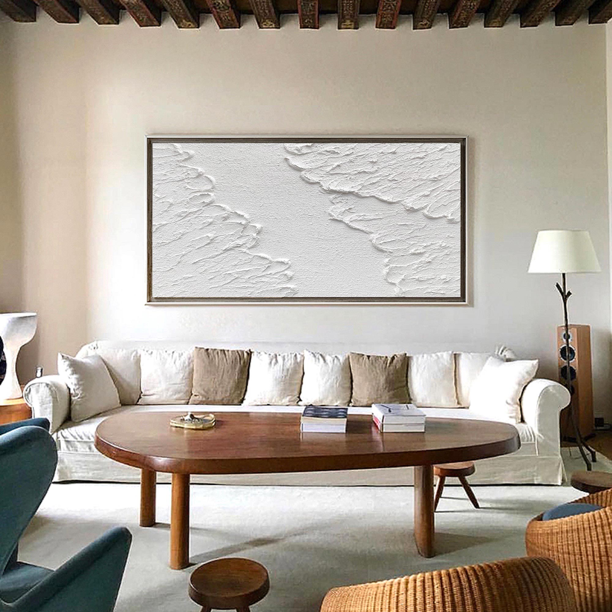 Large 3D Textured White Abstract Relief Oil Acrylic Linen Canvas Painting