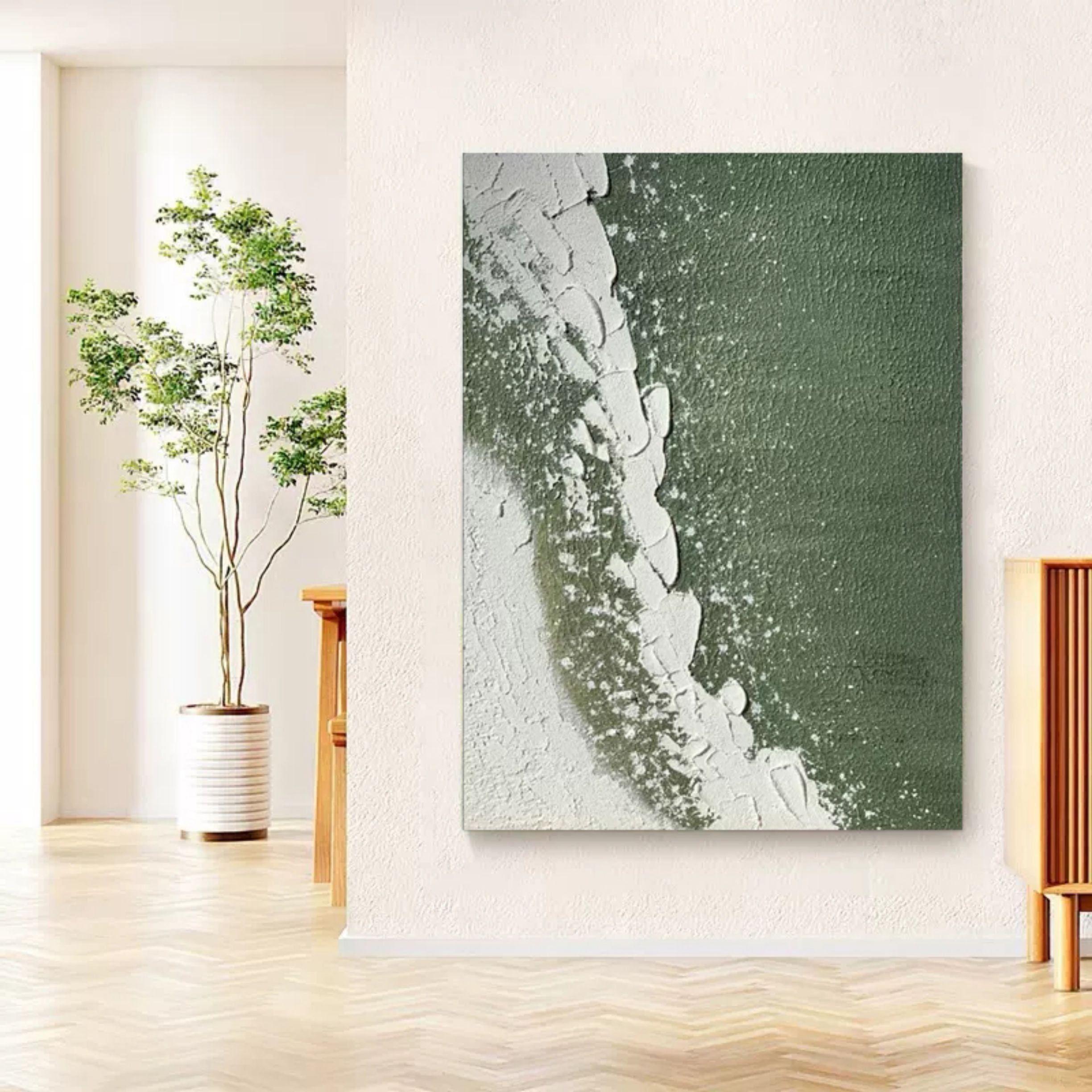 Wall Art Deep Green White Curved Wave Abstract
