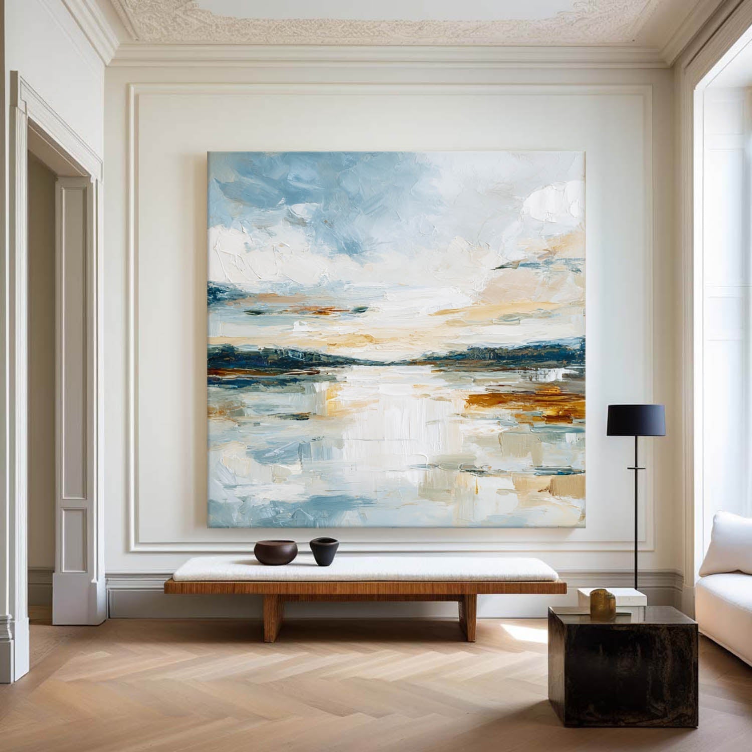 Blue‑White‑Ochre Vertical Abstract Coastal Impasto Textured Artwork