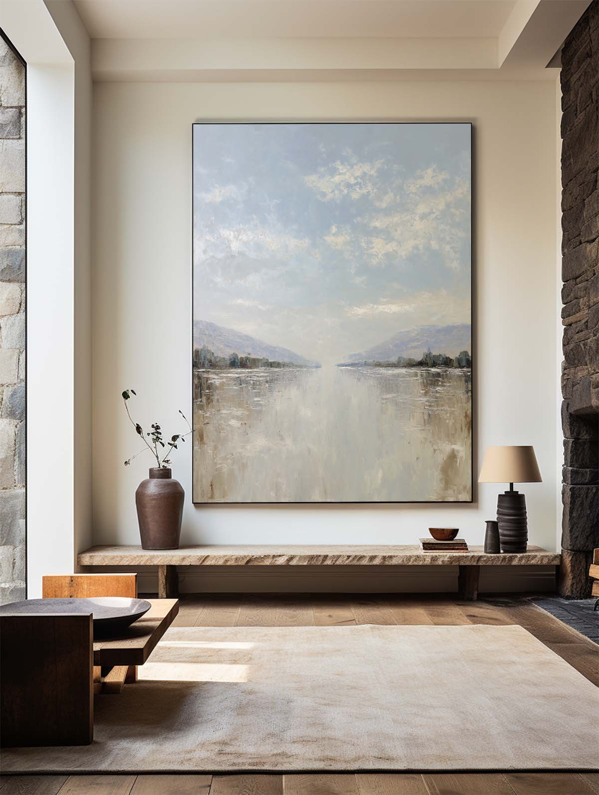 Blue‑Grey‑Beige Vertical Serene Waterscape Abstract Textured Artwork