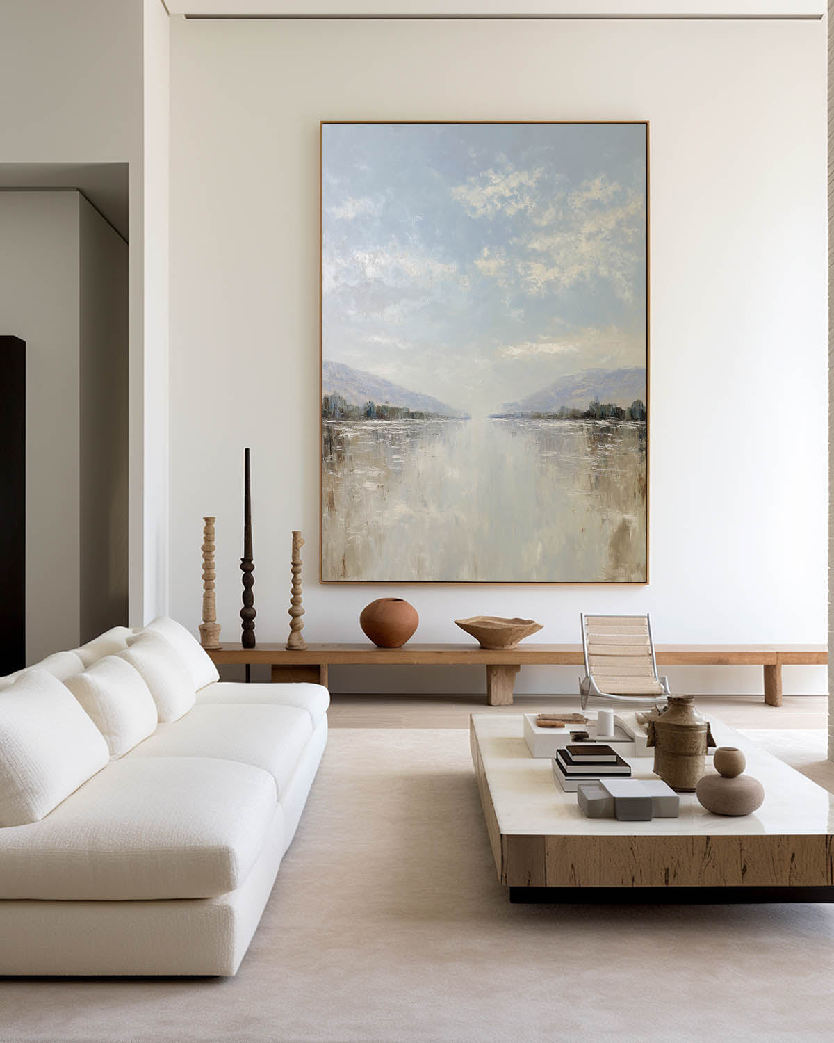 Blue‑Grey‑Beige Vertical Serene Waterscape Abstract Textured Artwork