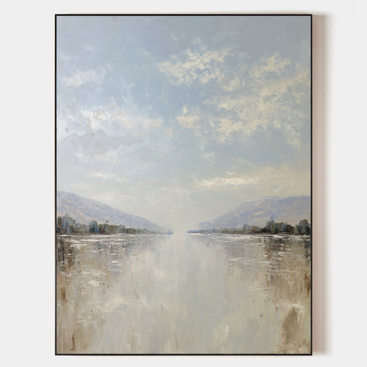 Blue‑Grey‑Beige Vertical Serene Waterscape Abstract Textured Artwork
