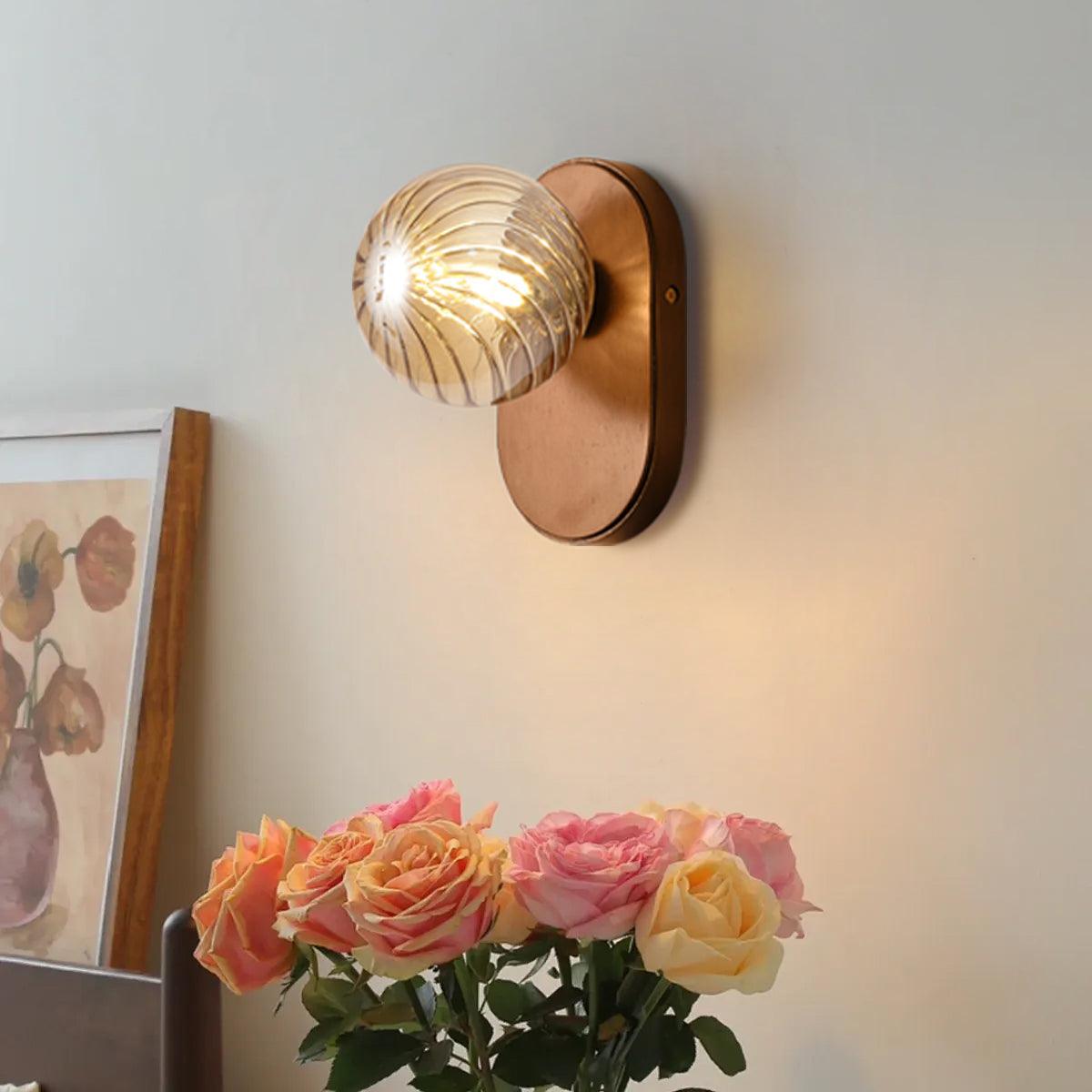Wall Lamp Wood Body Amber Ribbed Glass Globe Walnut Color Modern Accent - Neutralighting