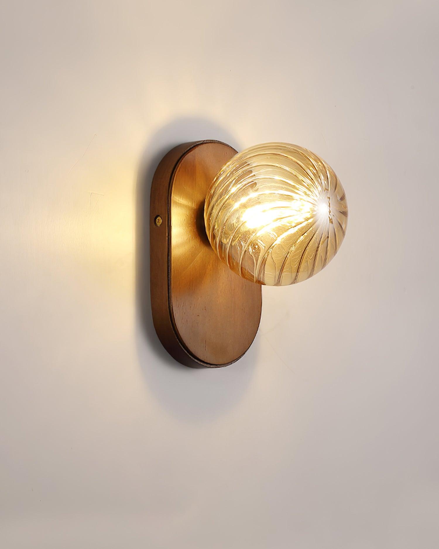 Wall Lamp Wood Body Amber Ribbed Glass Globe Walnut Color Modern Accent - Neutralighting