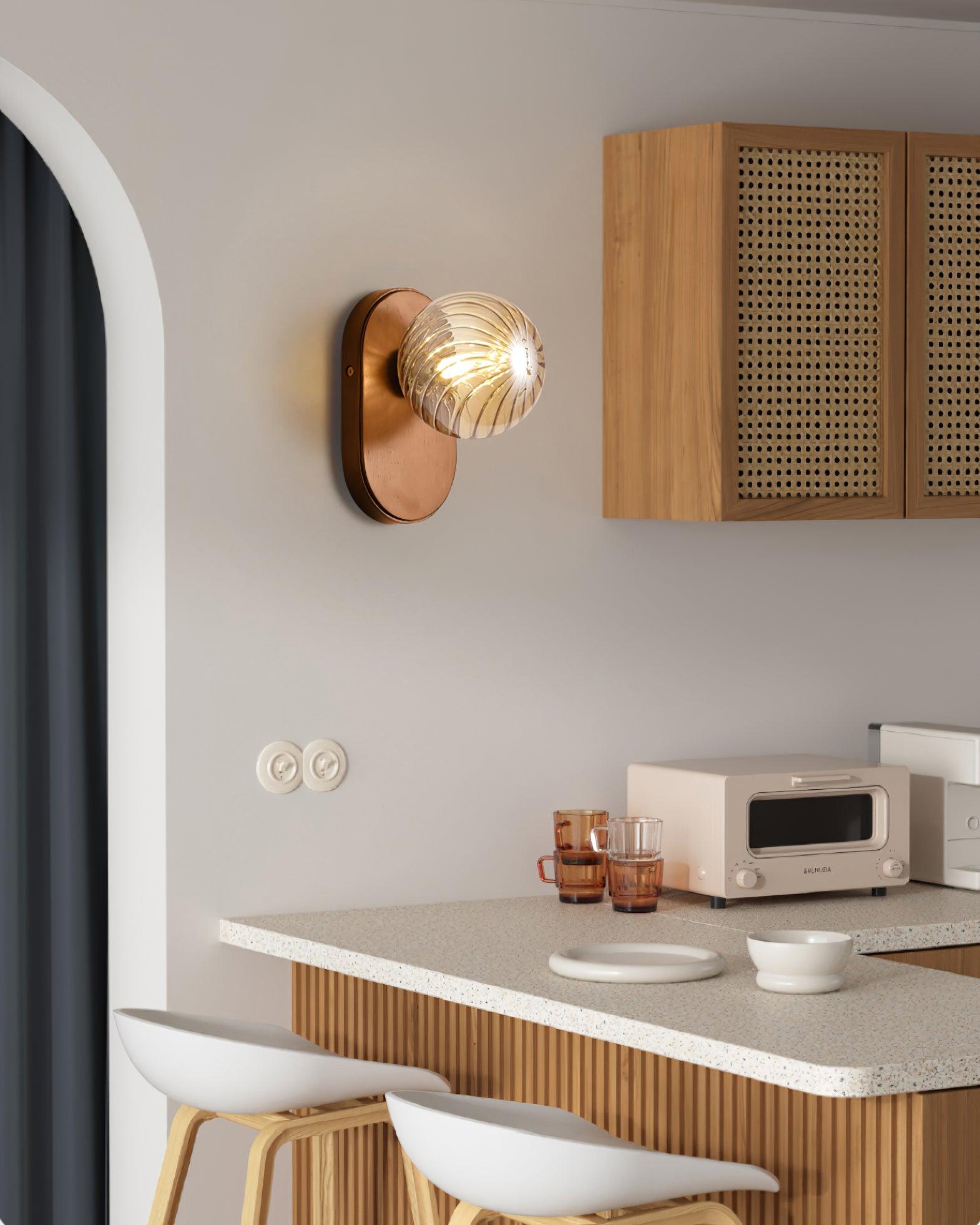 Wall Lamp Wood Body Amber Ribbed Glass Globe Walnut Color Modern Accent - Neutralighting