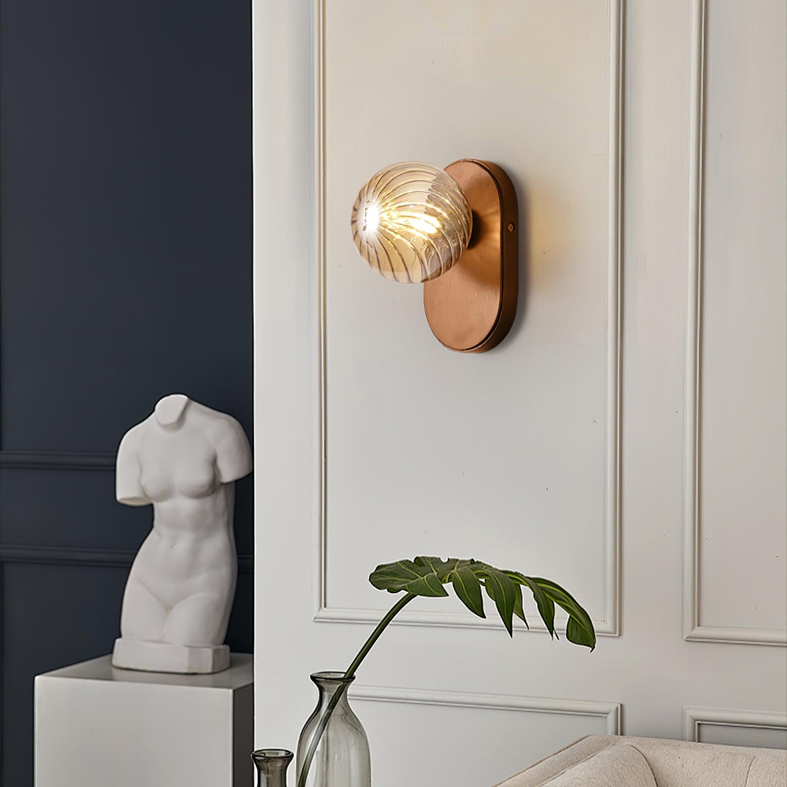 Wall Lamp Wood Body Amber Ribbed Glass Globe Walnut Color Modern Accent - Neutralighting