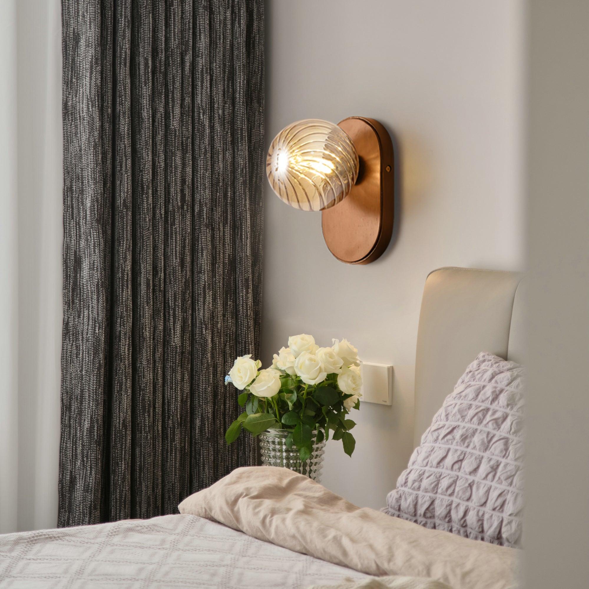 Wall Lamp Wood Body Amber Ribbed Glass Globe Walnut Color Modern Accent - Neutralighting