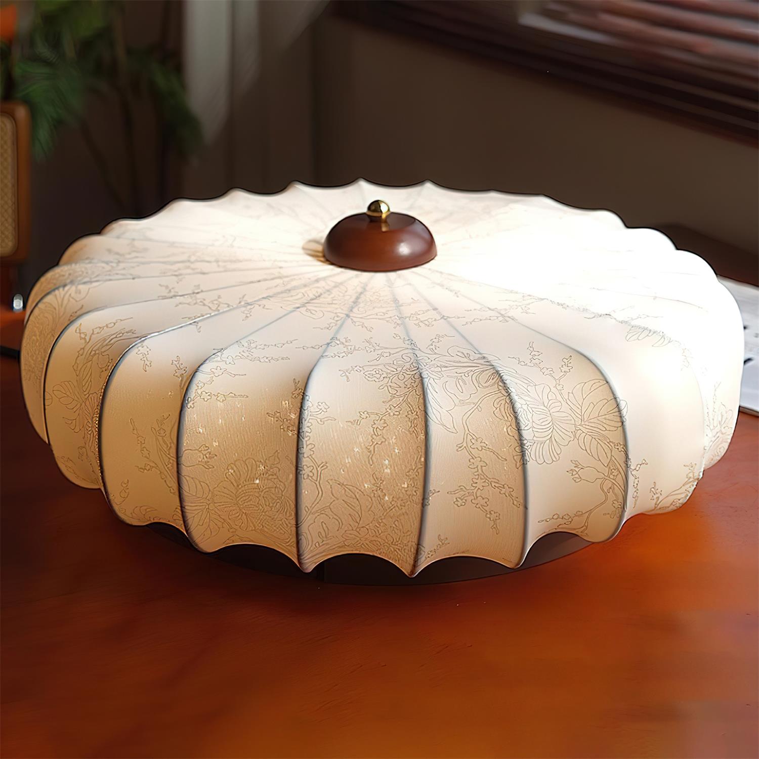 Ceiling Lamp Fabric Shade Pleated Lotus Shape Wooden Canopy - Neutralighting
