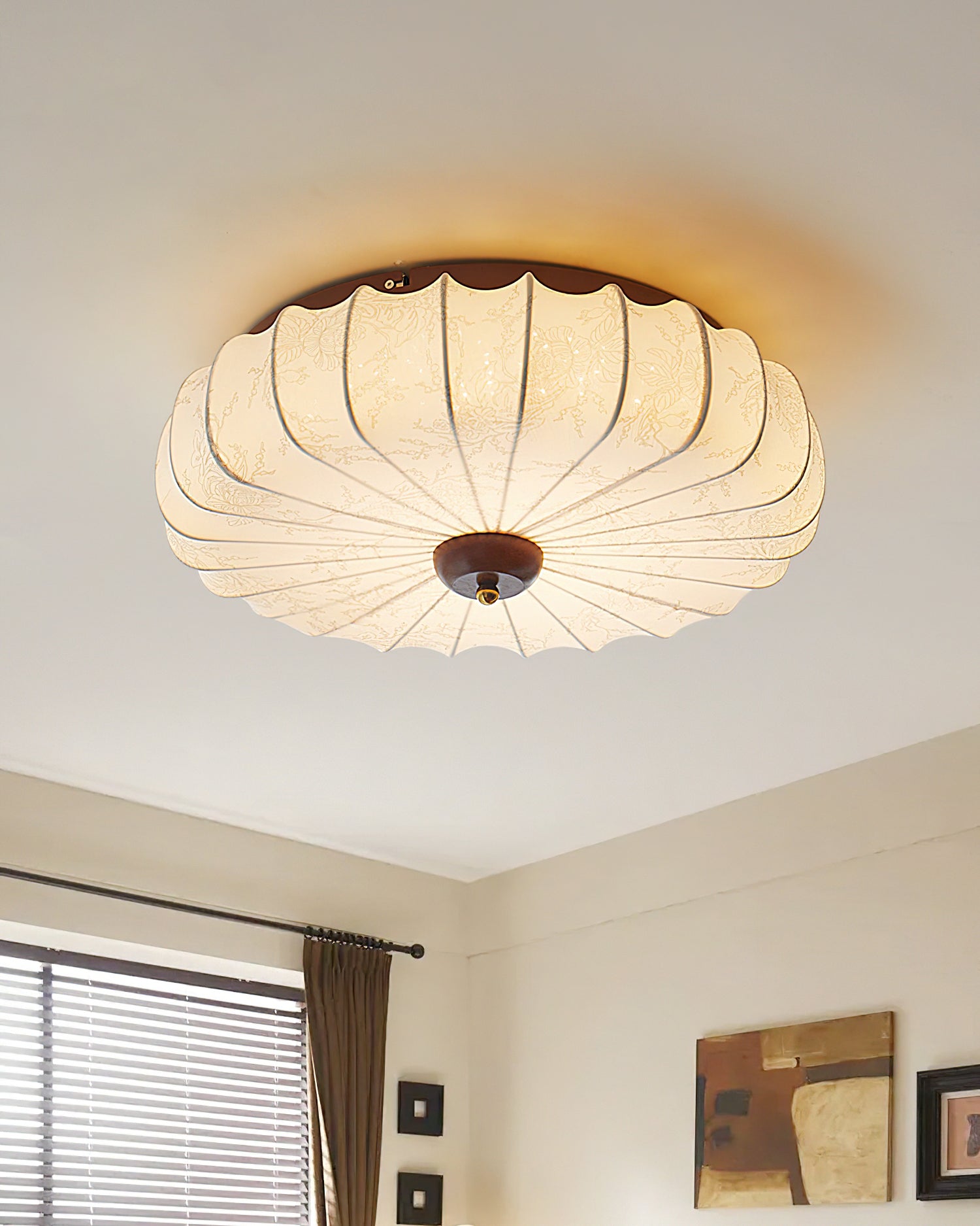 Ceiling Lamp Fabric Shade Pleated Lotus Shape Wooden Canopy - Neutralighting