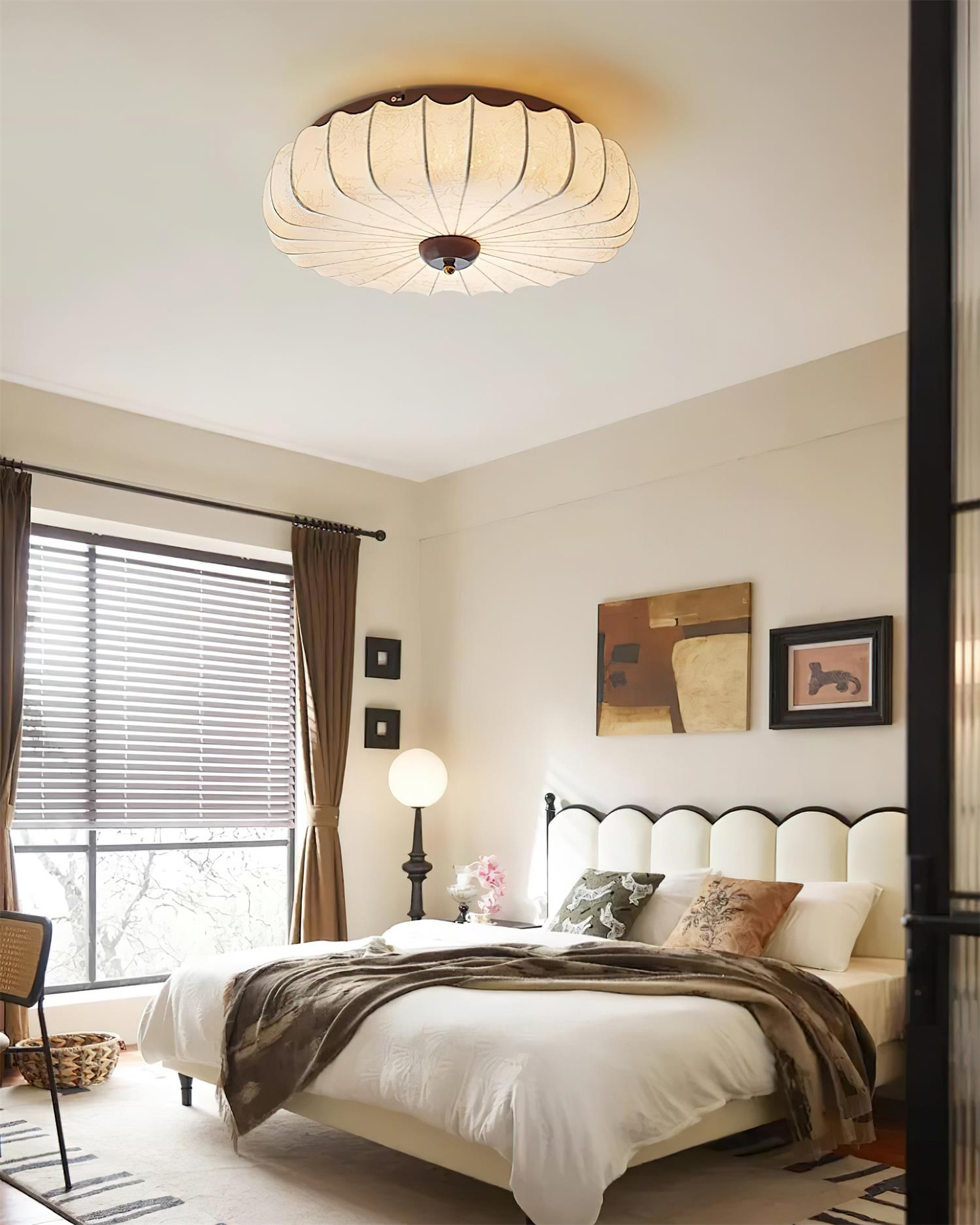 Ceiling Lamp Fabric Shade Pleated Lotus Shape Wooden Canopy - Neutralighting