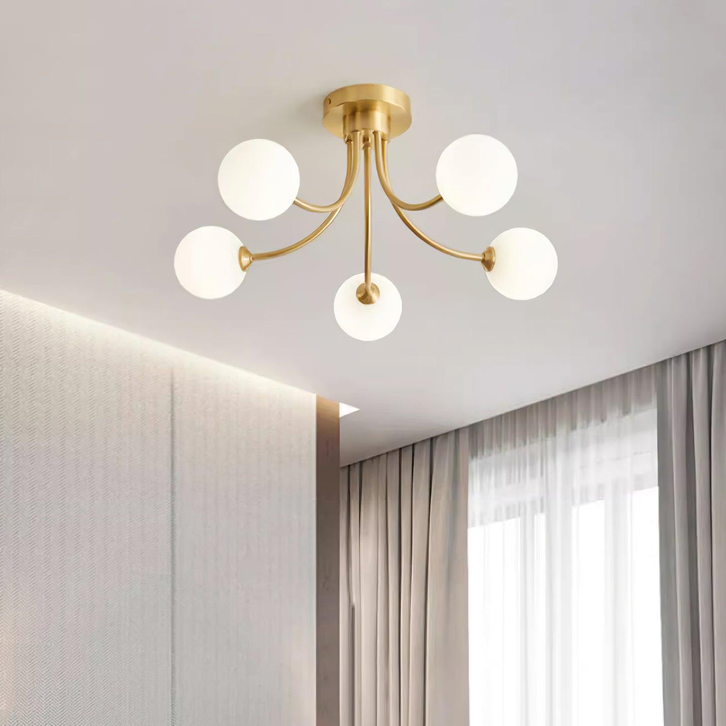 Ceiling Light Brass Branching Arms Opal Globe Shades Modern Elegant - Neutralighting