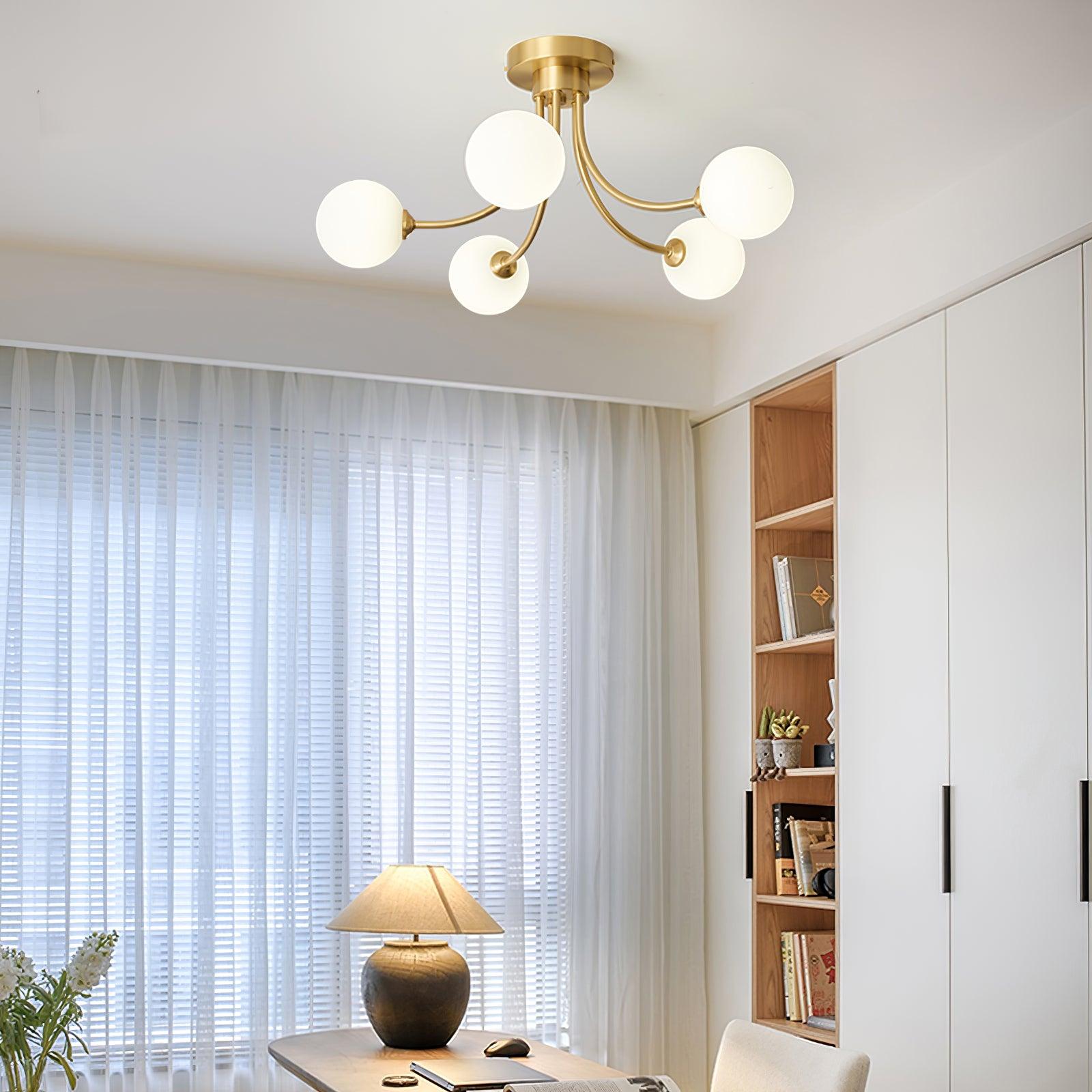 Ceiling Light Brass Branching Arms Opal Globe Shades Modern Elegant - Neutralighting