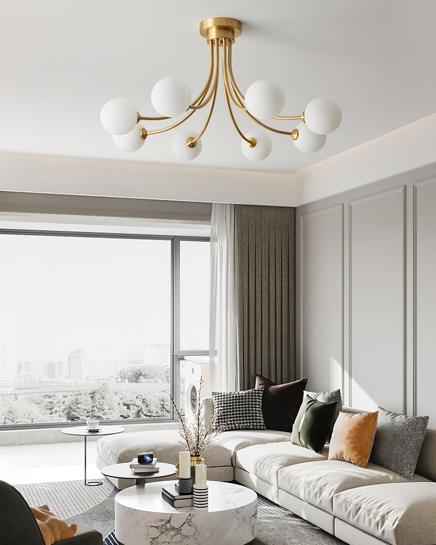 Ceiling Light Brass Branching Arms Opal Globe Shades Modern Elegant - Neutralighting