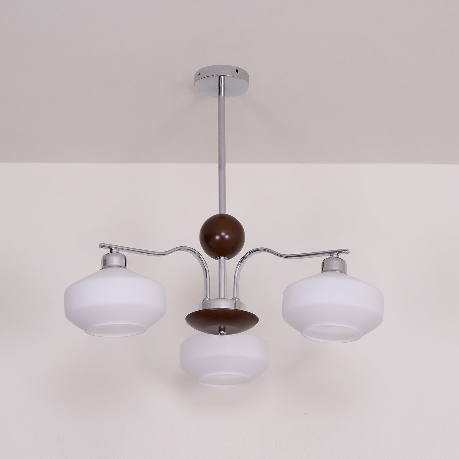 Chandelier White Glass Shades Chrome Walnut Arms Retro - Neutralighting