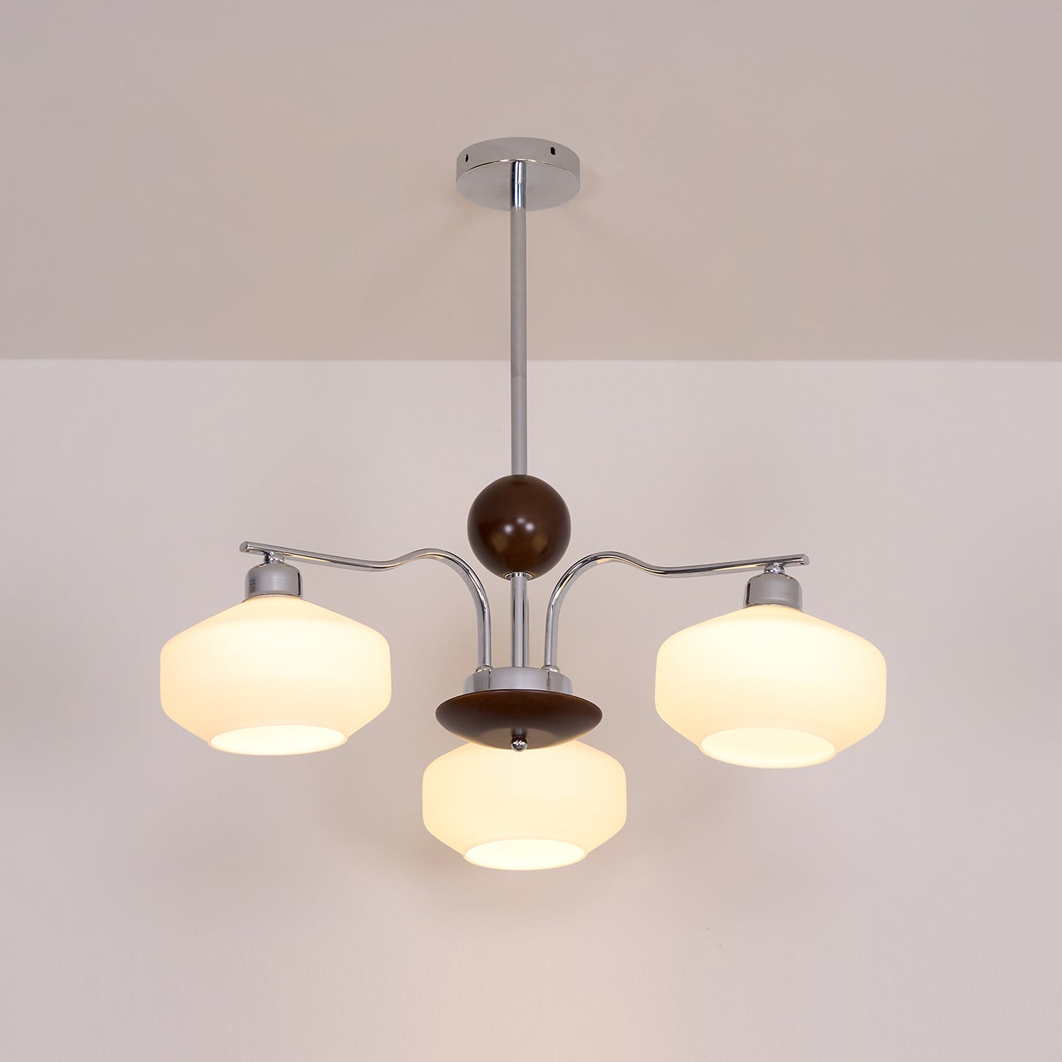 Chandelier White Glass Shades Chrome Walnut Arms Retro - Neutralighting