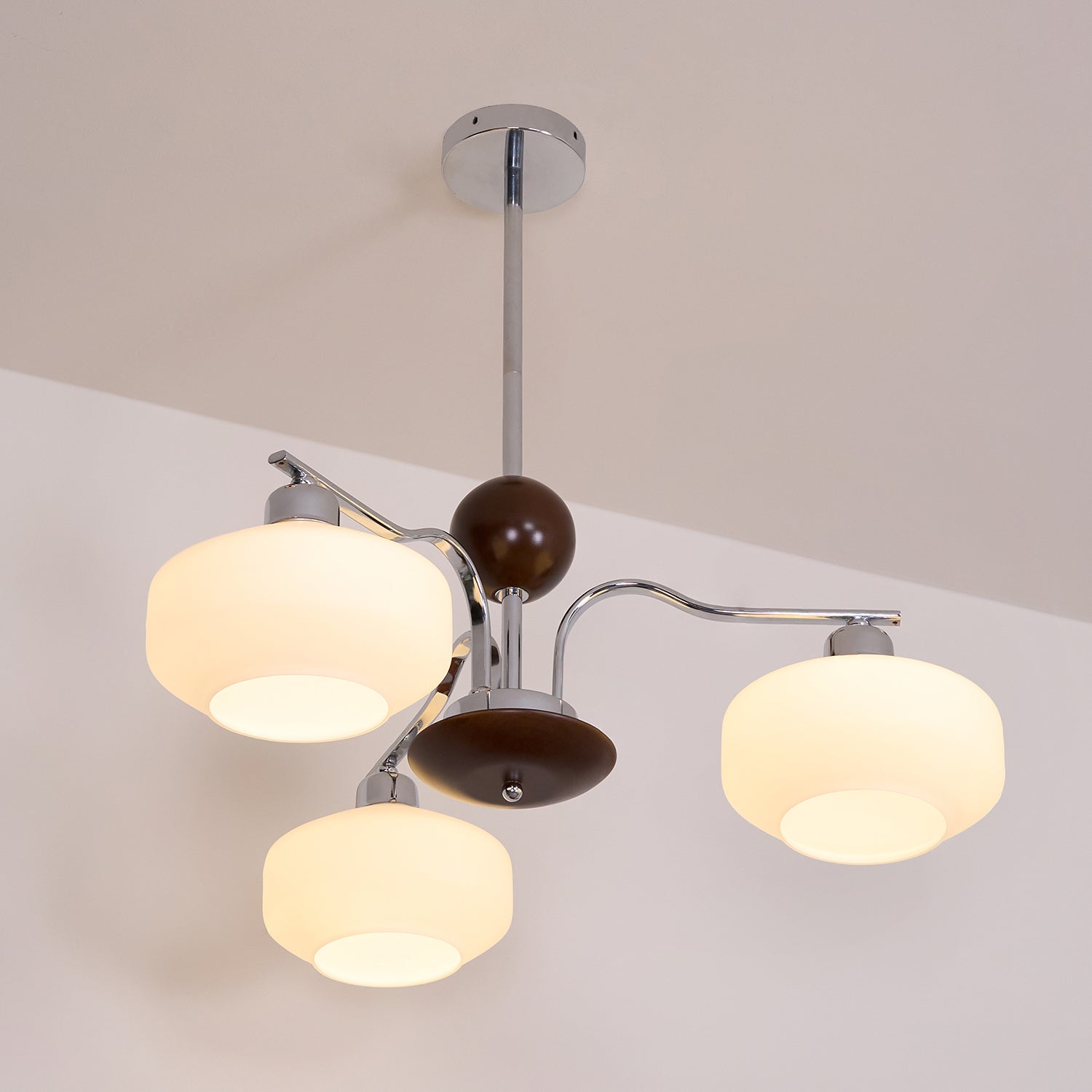 Chandelier White Glass Shades Chrome Walnut Arms Retro - Neutralighting