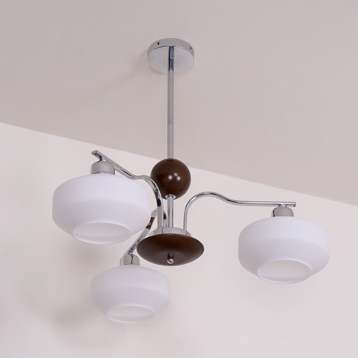 Chandelier White Glass Shades Chrome Walnut Arms Retro - Neutralighting