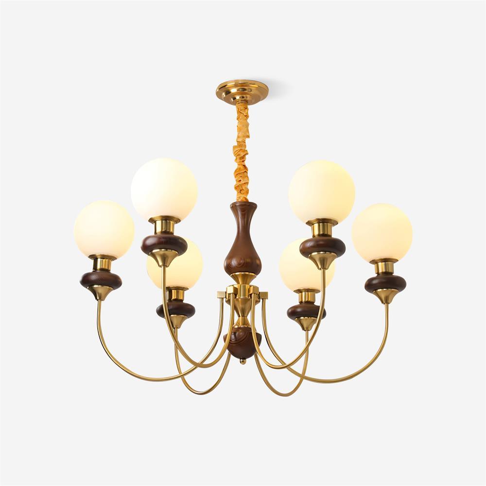 Chandelier Brass Curved Arms Walnut Vintage - Neutralighting