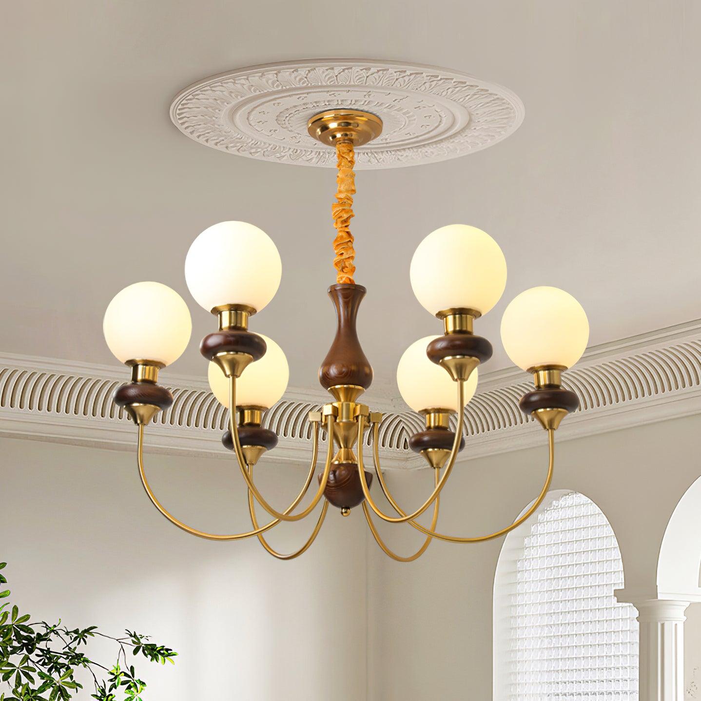 Chandelier Brass Curved Arms Walnut Vintage - Neutralighting